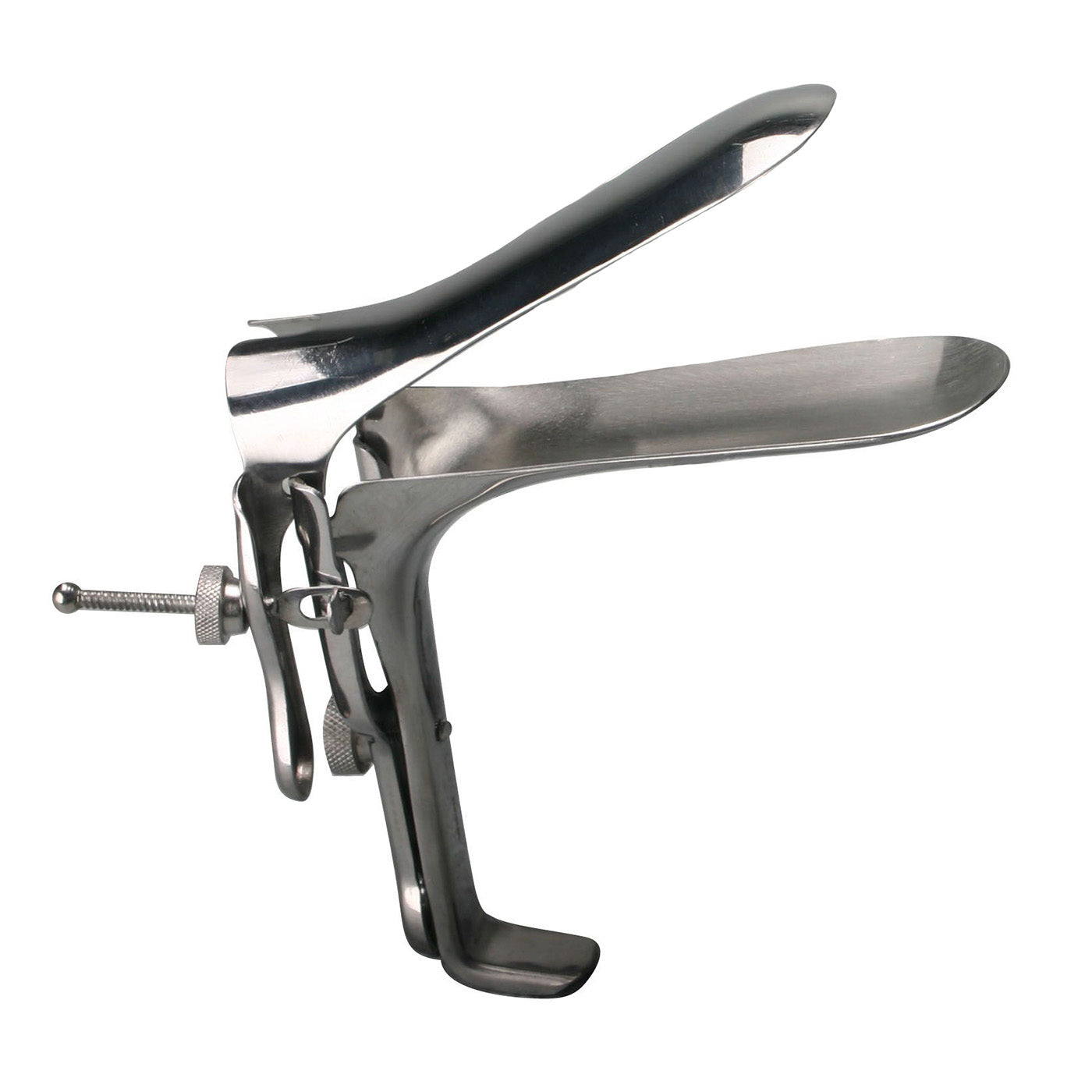 A high-quality stainless steel speculum designed for medical play, measuring 4 inches long and 1.25 inches wide, featuring a sleek grey finish.