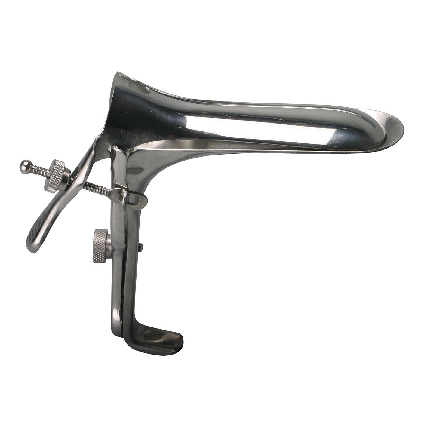 A high-quality stainless steel speculum designed for medical play, measuring 4 inches long and 1.25 inches wide, featuring a sleek grey finish.