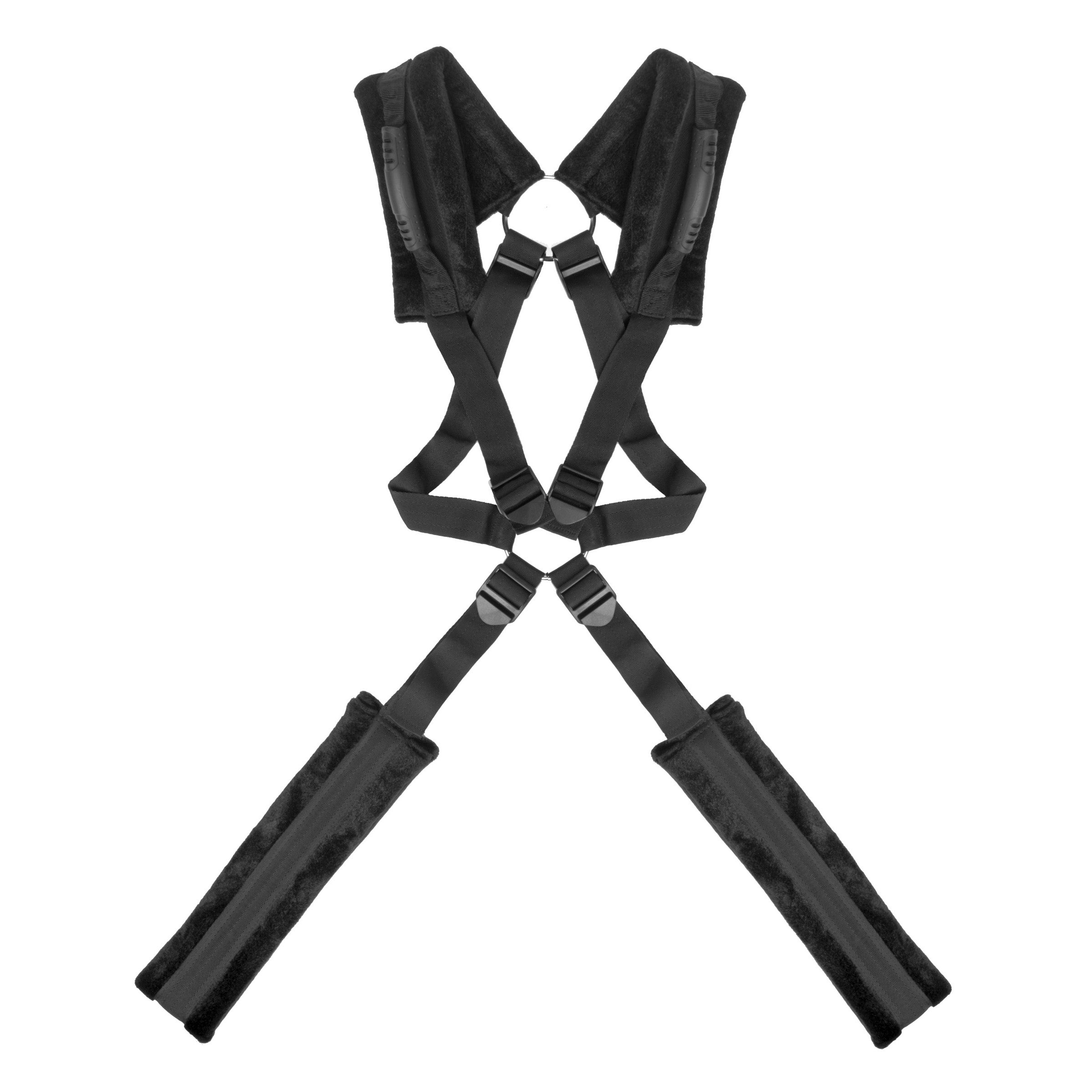 Stand and Deliver Sex Position Body Sling featuring padded shoulder straps and adjustable stirrups for enhanced intimacy and support.