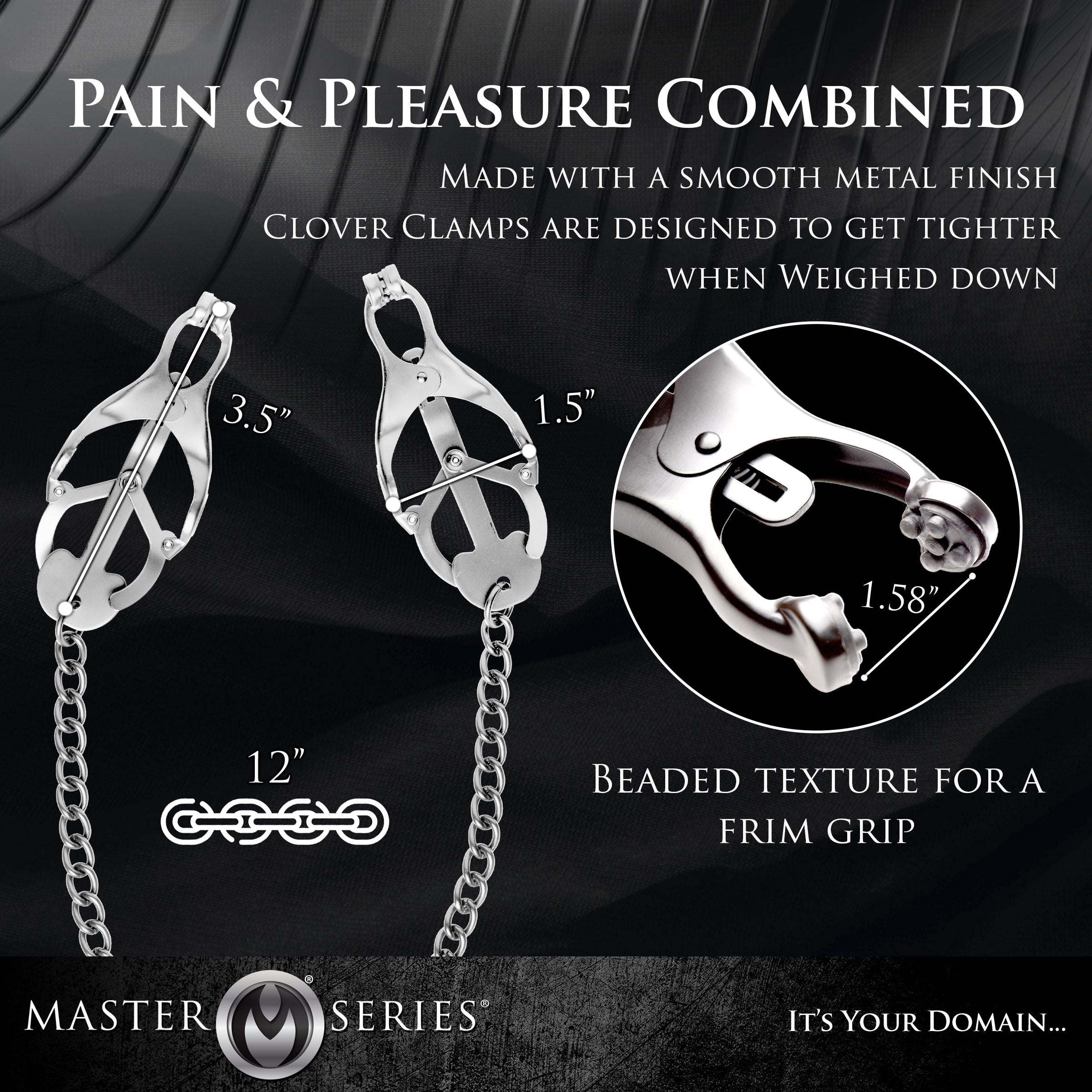 Sterling Monarch Nipple Vice with metal clamps and connecting chain, designed for BDSM play.