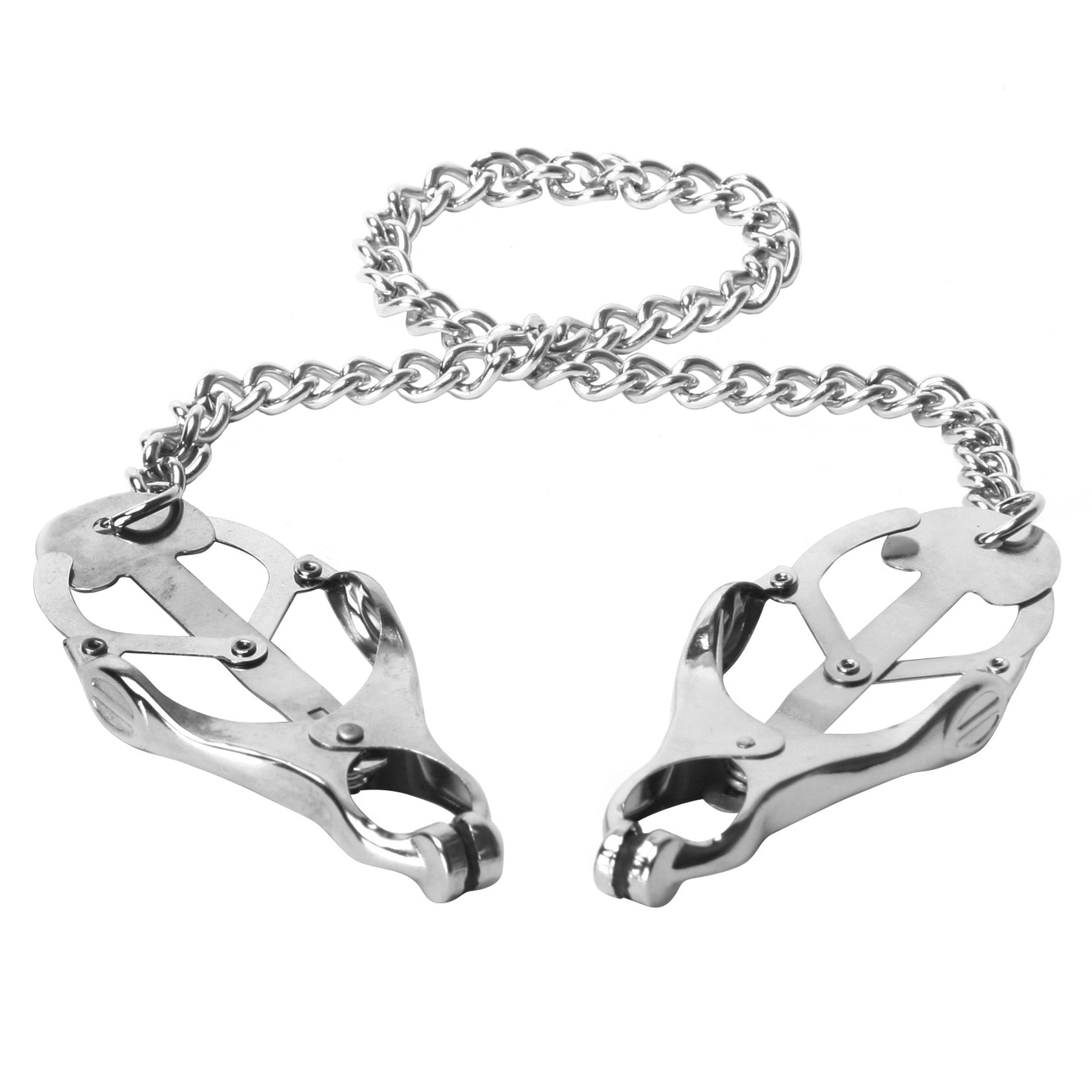 Sterling Monarch Nipple Vice with metal clamps and connecting chain, designed for BDSM play.