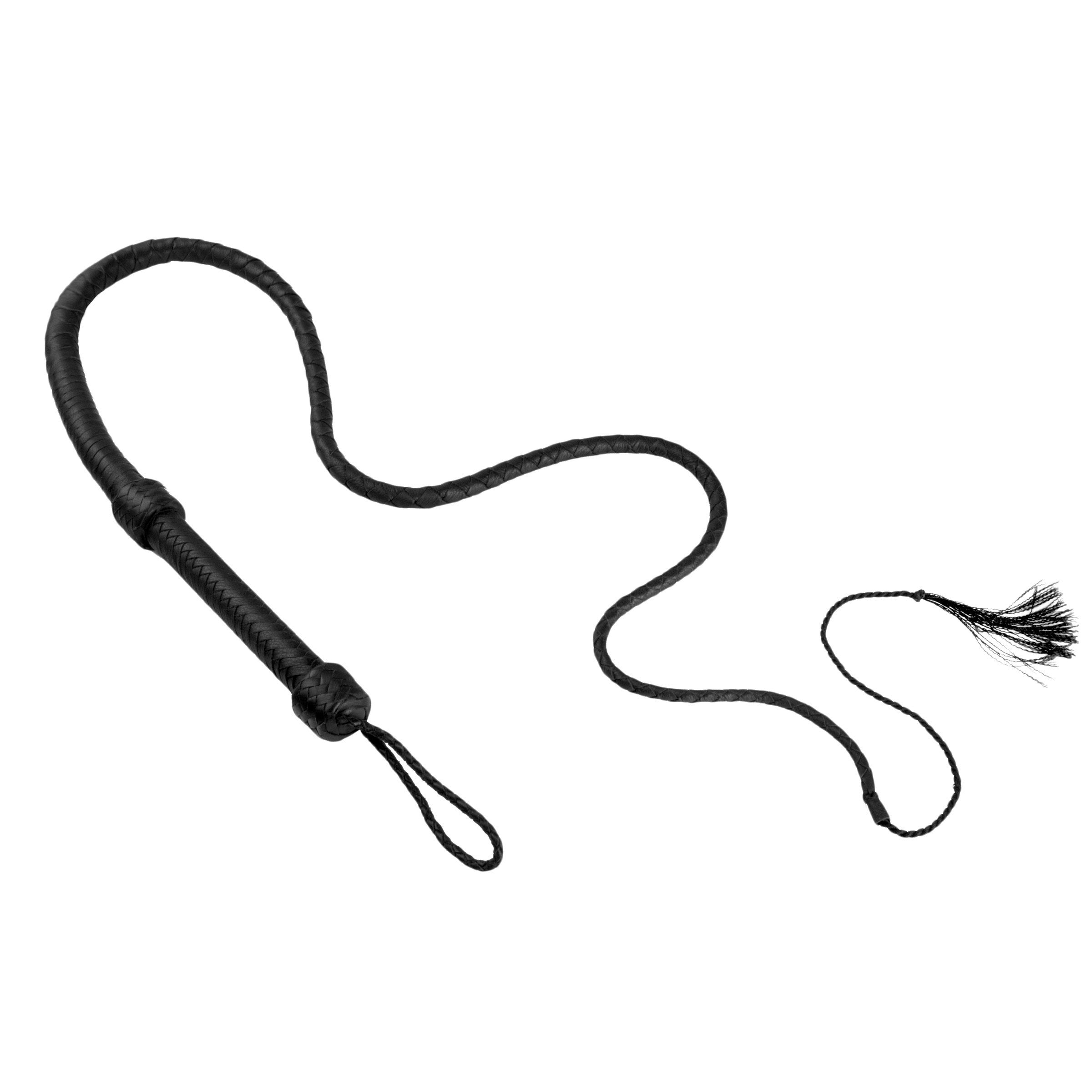 Strict Leather 5 Foot Bullwhip made of soft black leather with a braided design and removable cracker.