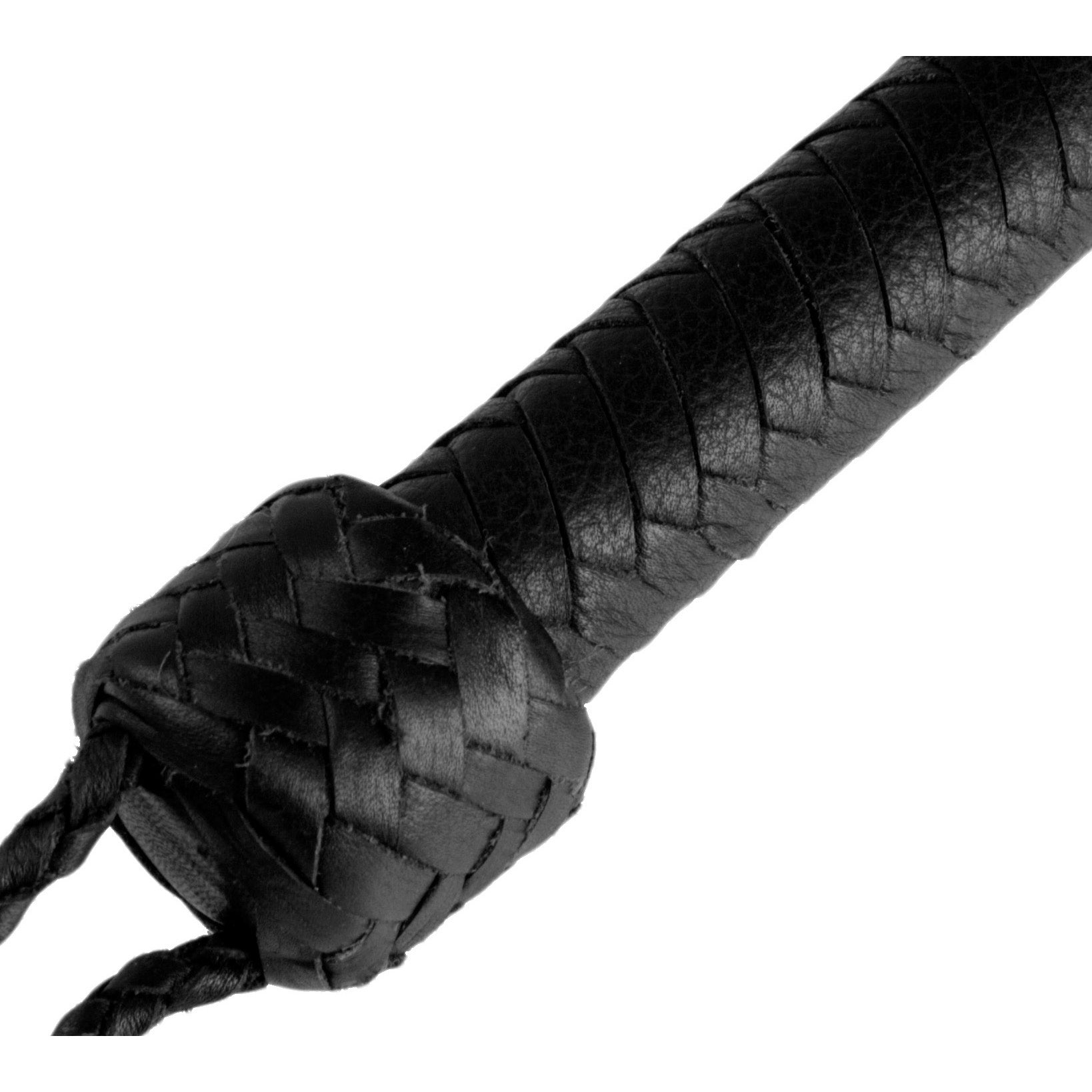 Strict Leather 5 Foot Bullwhip made of soft black leather with a braided design and removable cracker.