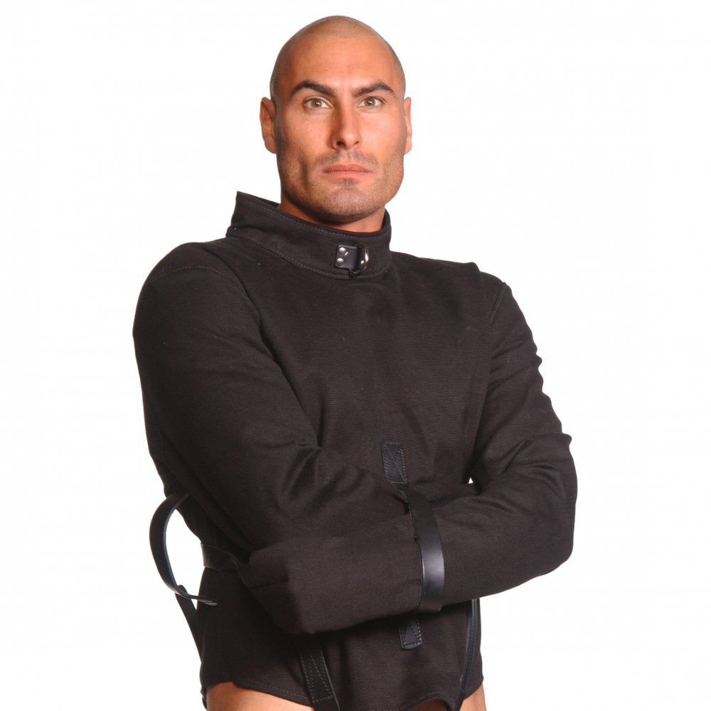 Strict Leather Black Canvas Straitjacket featuring durable leather straps and soft canvas material, designed for comfort and style.