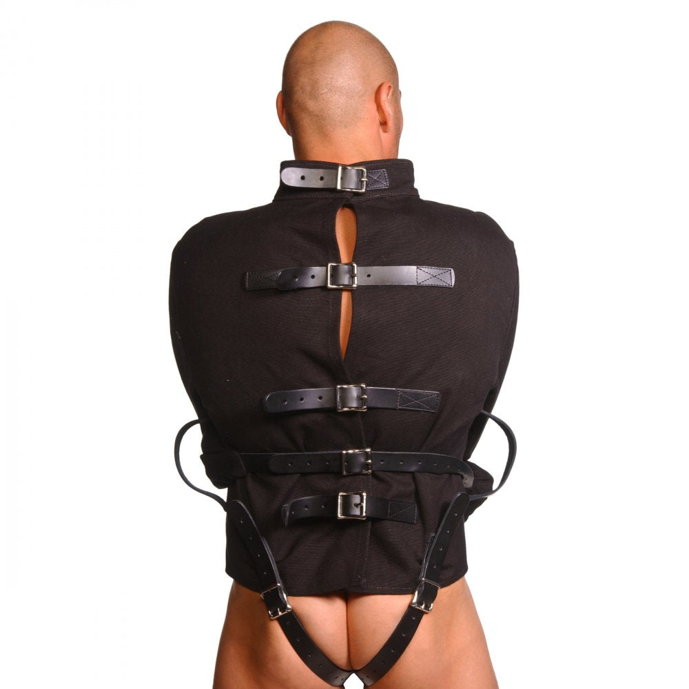 Strict Leather Black Canvas Straitjacket featuring durable leather straps and soft canvas material, designed for comfort and style.