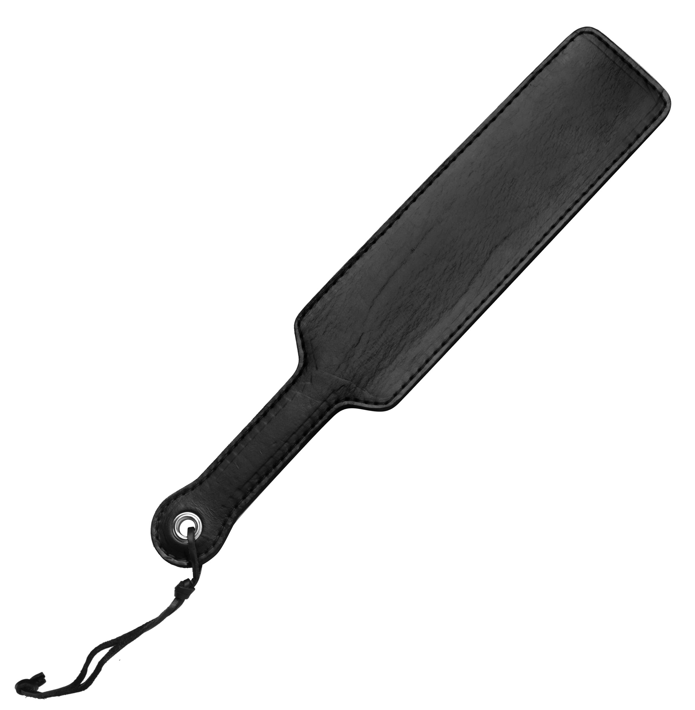 Strict Leather Black Fraternity Paddle made of thick latigo leather, featuring a leather loop for hanging or wrist support.