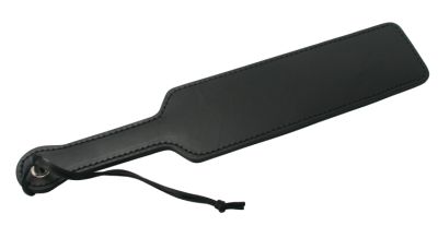 Strict Leather Black Fraternity Paddle made of thick latigo leather, featuring a leather loop for hanging or wrist support.