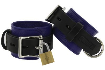 Strict Leather Blue and Black Deluxe Locking Cuffs, showcasing high-quality leather and adjustable design for bondage enthusiasts.