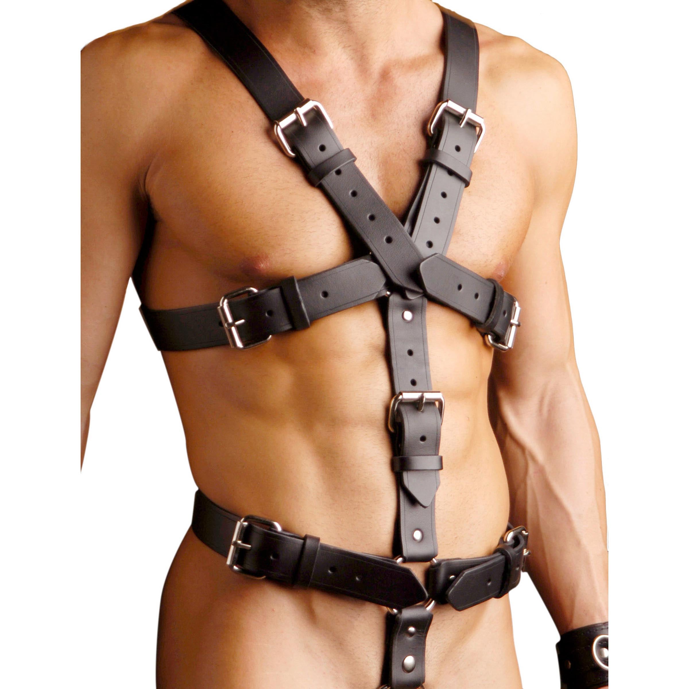 Strict Leather Body Harness featuring adjustable straps and chrome O-Rings, designed for comfort and style.