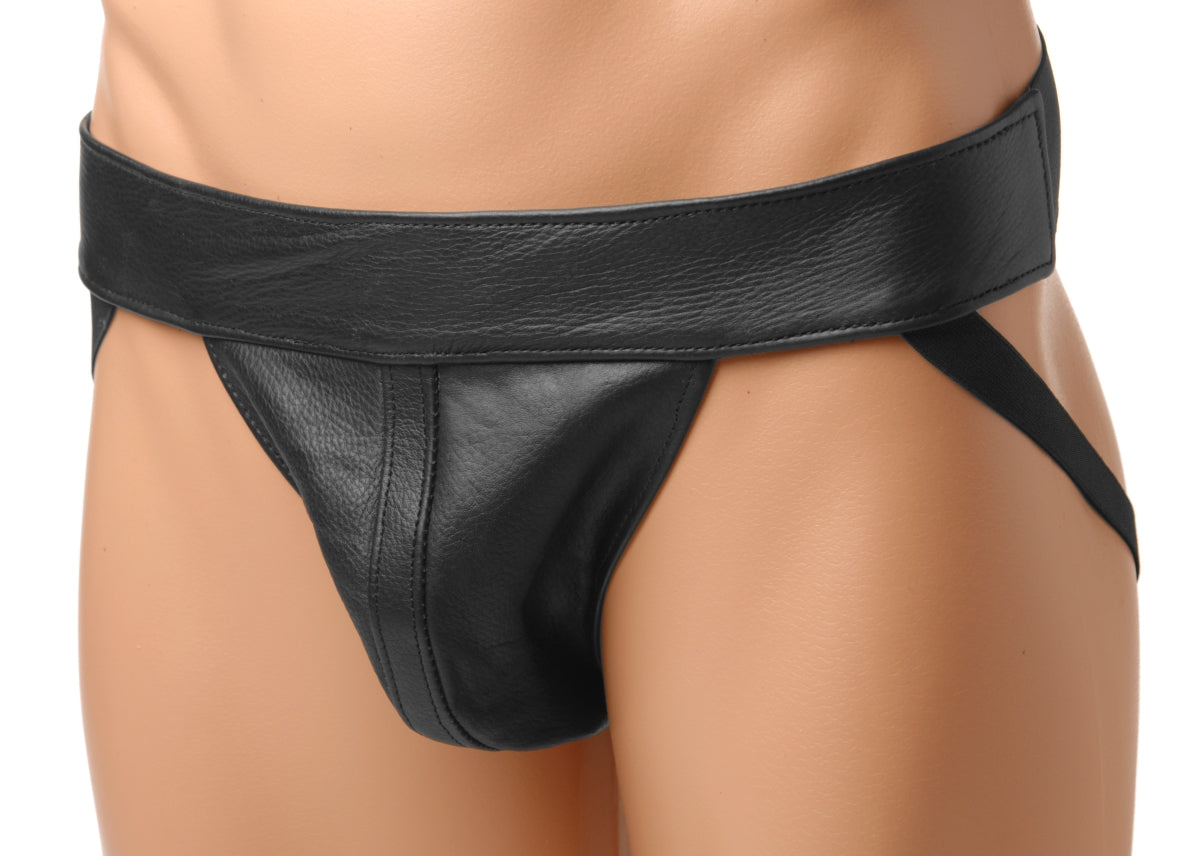 Strict Leather Classic Jockstrap in Large, featuring a black leather pouch and thick elastic waistband.