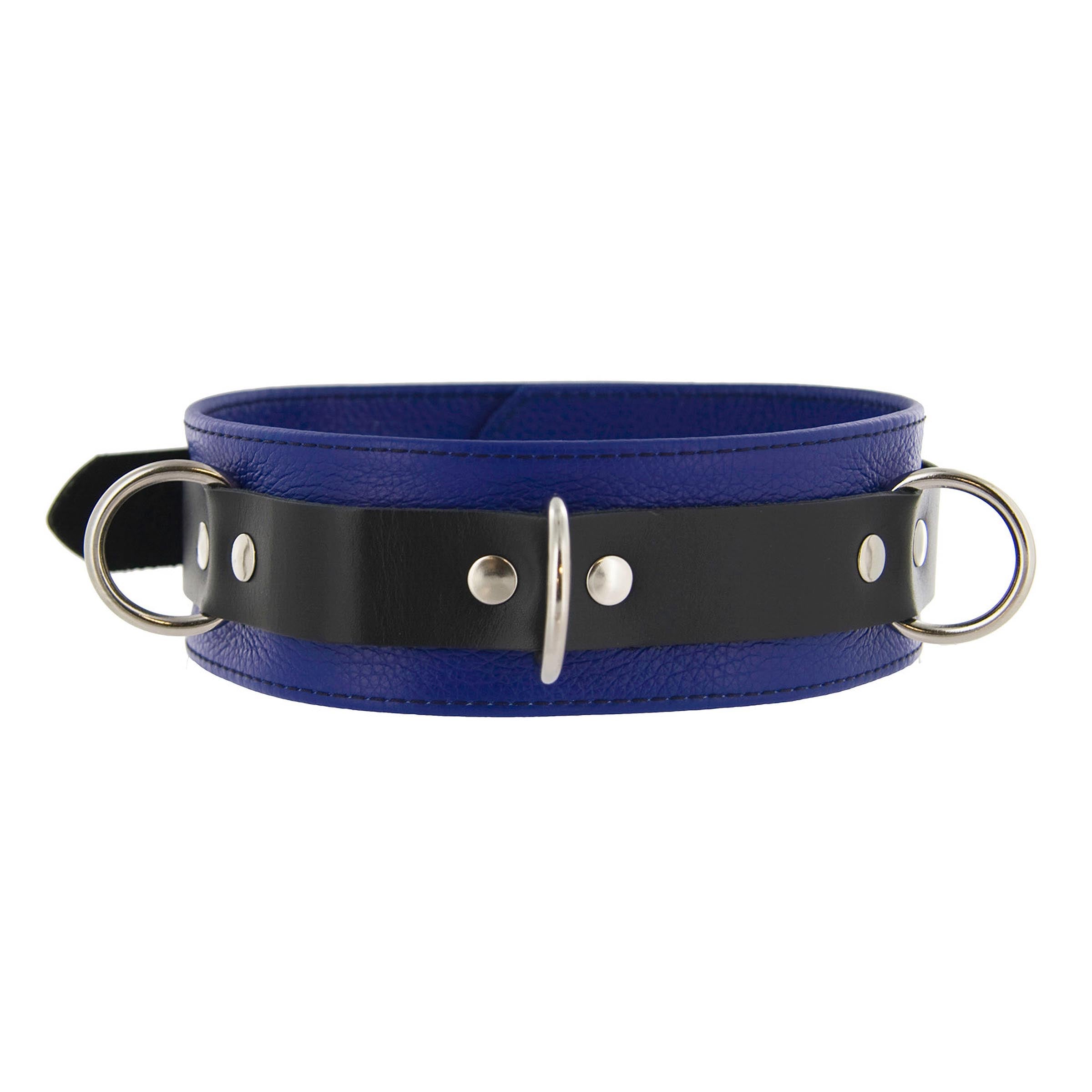 Strict Leather Deluxe Locking Collar in blue and black, featuring a lockable buckle and three attachment rings.