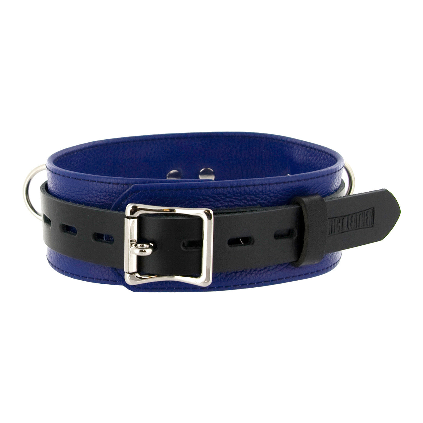 Strict Leather Deluxe Locking Collar in blue and black, featuring a lockable buckle and three attachment rings.