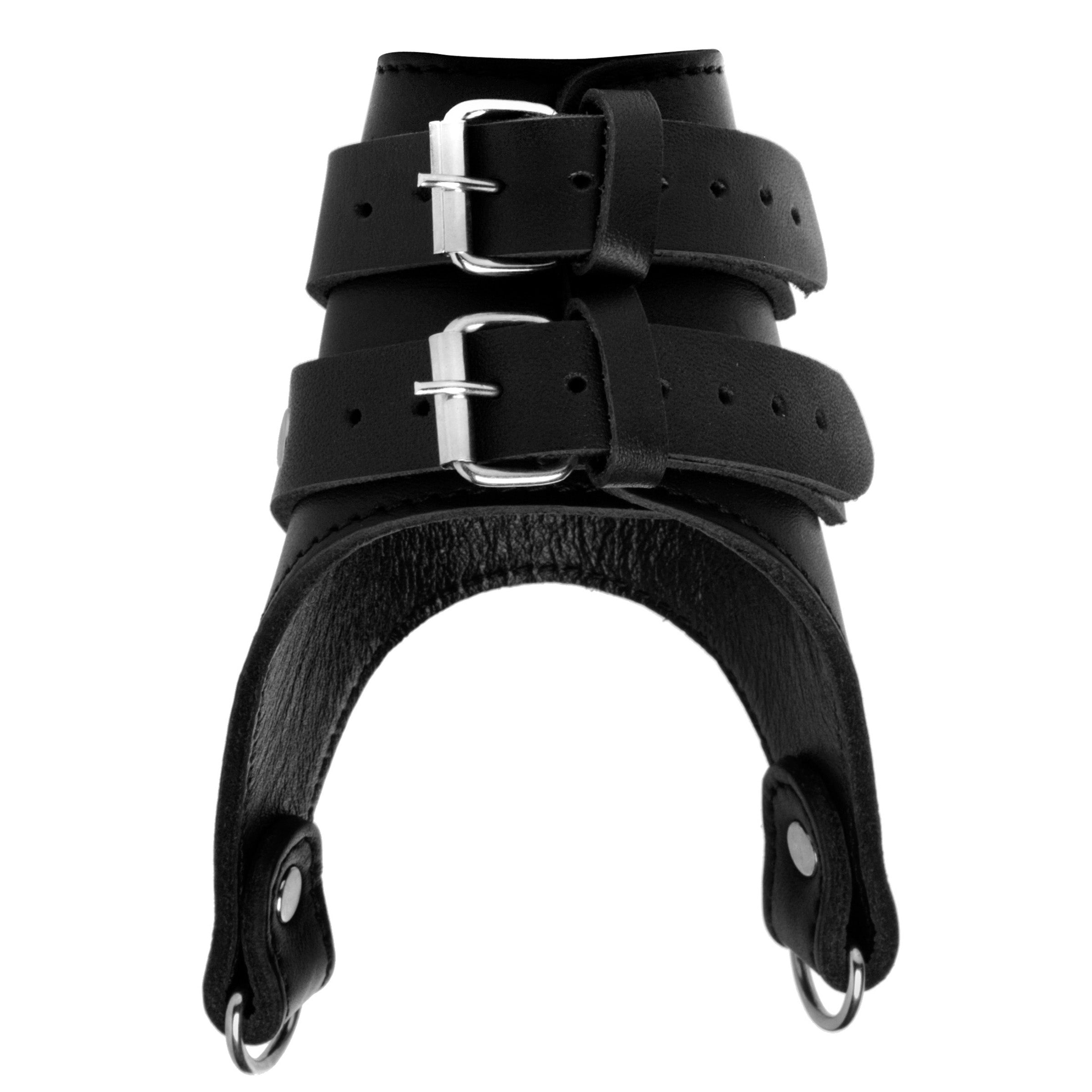 Strict Leather Double Weight Ball Stretcher featuring adjustable cuff and two D-rings for attaching weights, made of durable black leather.