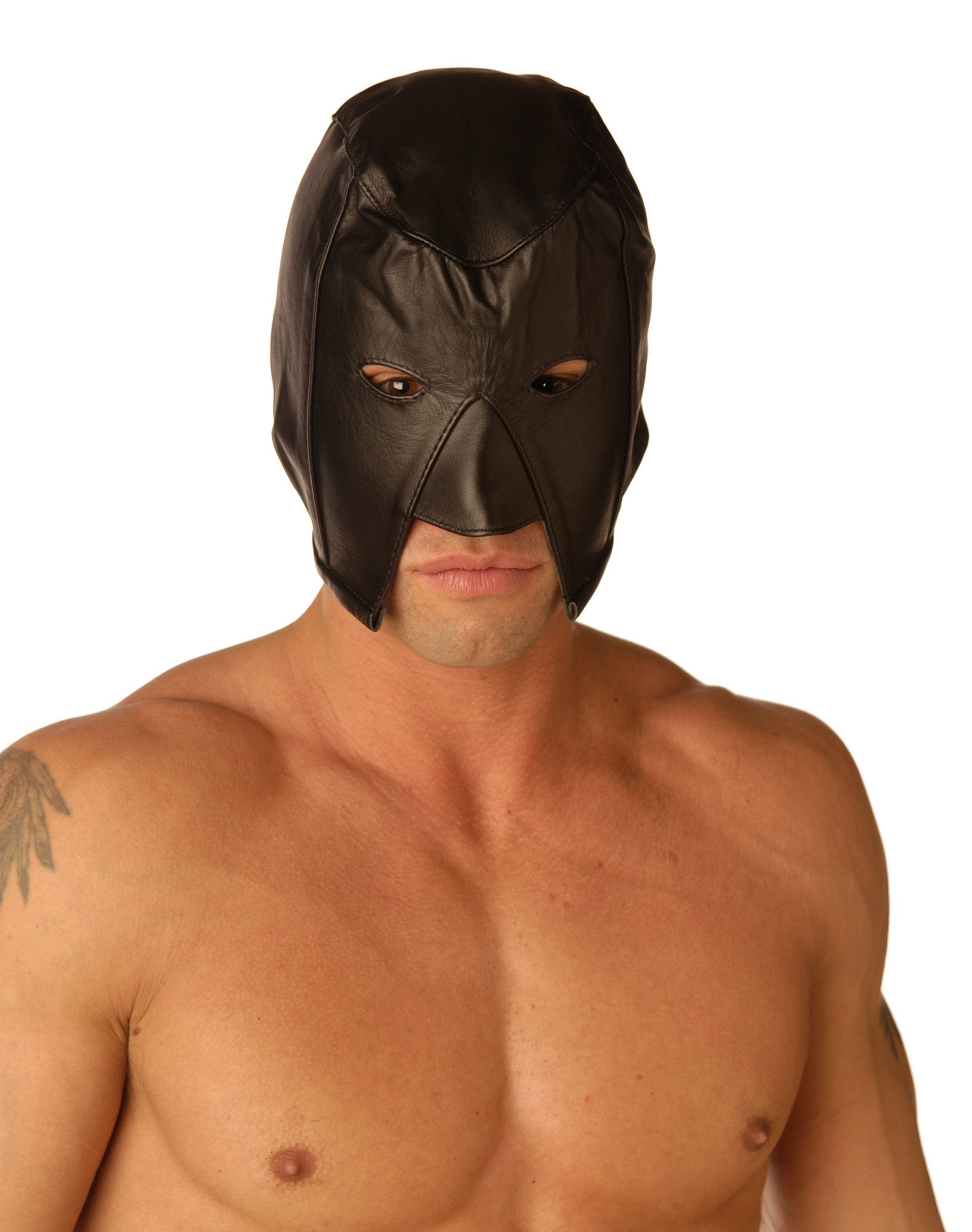 Strict Leather Executioners Hood made from high-quality leather, featuring a lace-up back and designed to expose only the eyes, mouth, and chin.