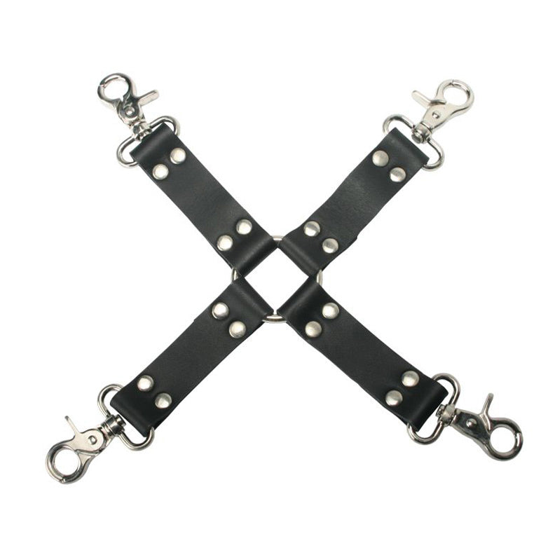 Strict Leather Hog-Tie featuring rotating snap hooks and durable leather design for bondage play.