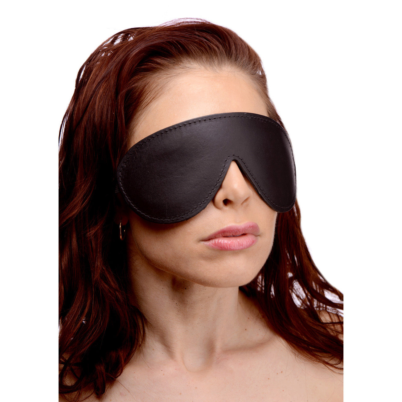 Strict Leather Padded Blindfold made of black leather with a padded interior and elastic band for a secure fit.