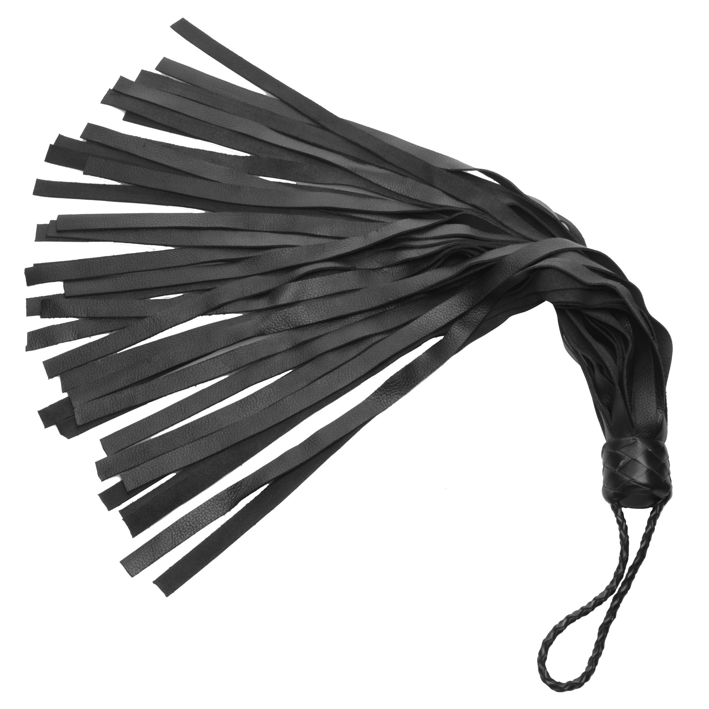 Strict Leather Palm Flogger made of high-quality black leather with braided wrist loop and soft falls.