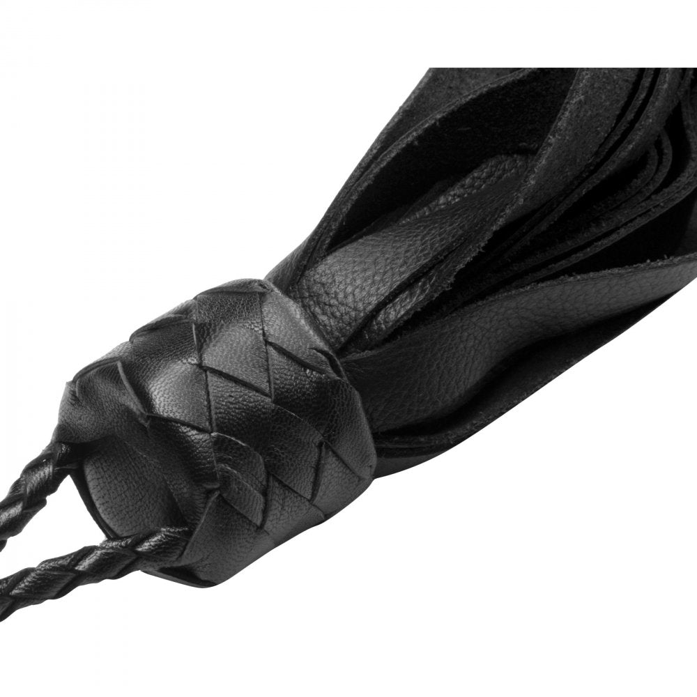 Strict Leather Palm Flogger made of high-quality black leather with braided wrist loop and soft falls.