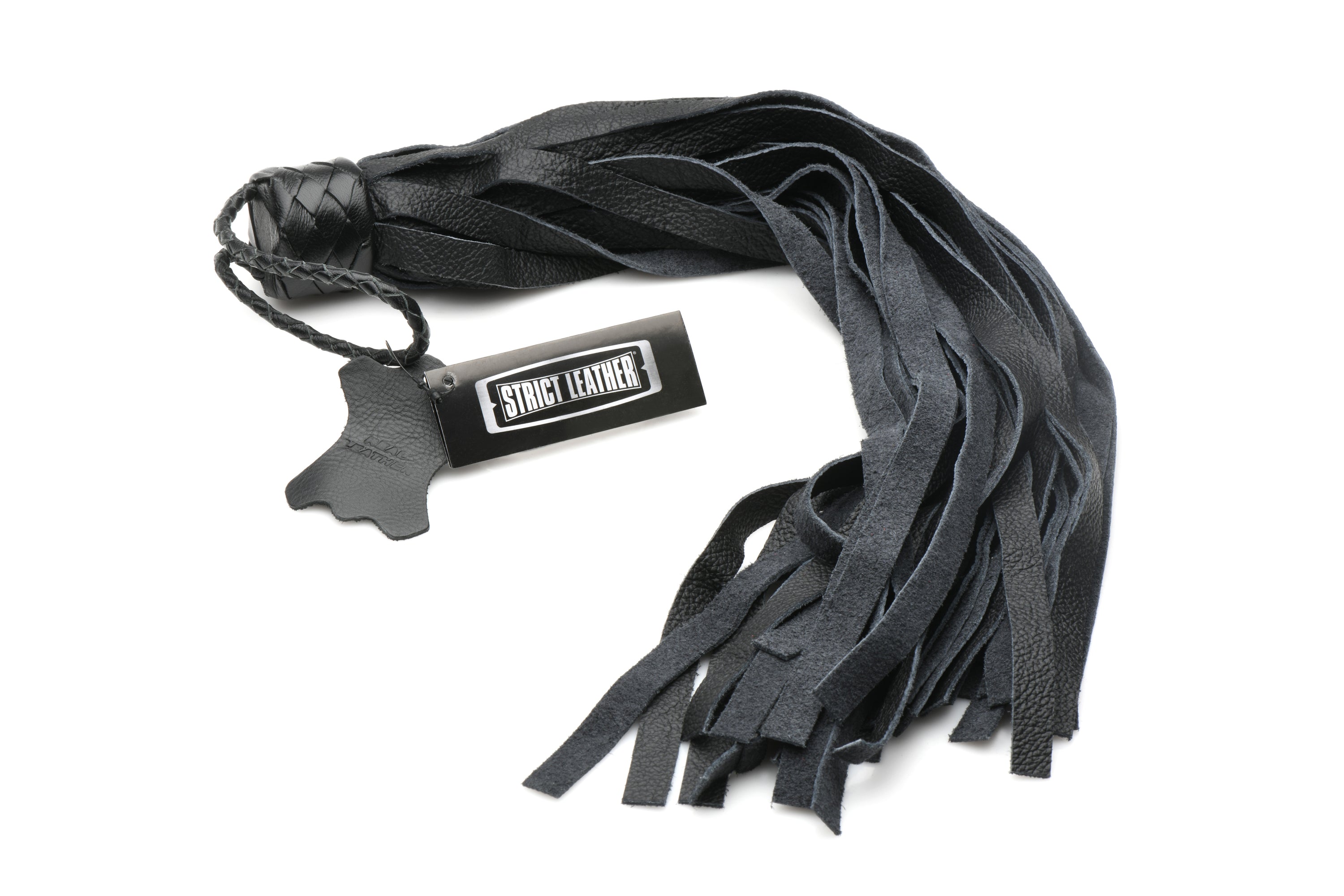 Strict Leather Palm Flogger made of high-quality black leather with braided wrist loop and soft falls.