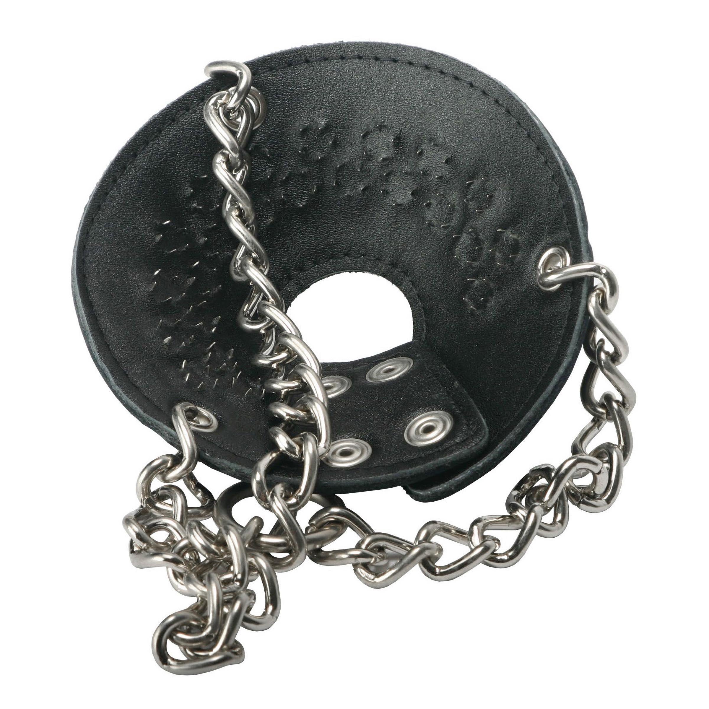 Strict Leather Parachute Ball Stretcher with Spikes, featuring adjustable leather design and metal chains for added stimulation.