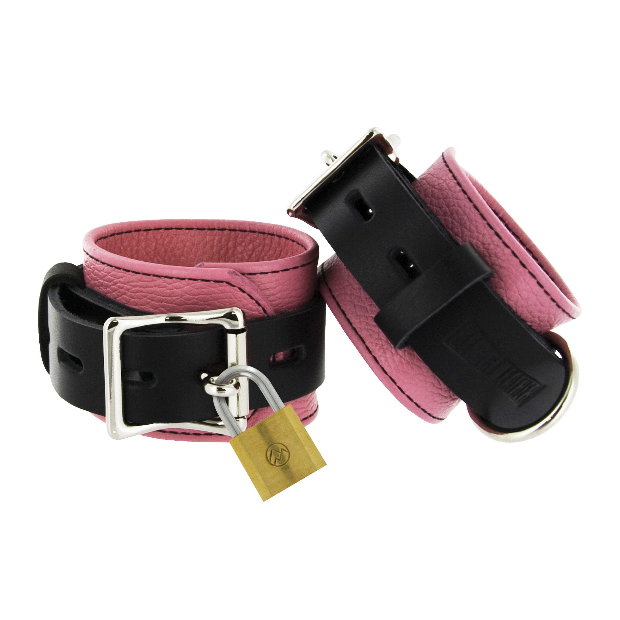 Strict Leather Pink and Black Deluxe Locking Cuffs, made from high-quality leather with adjustable fit and metal rings for bondage accessories.