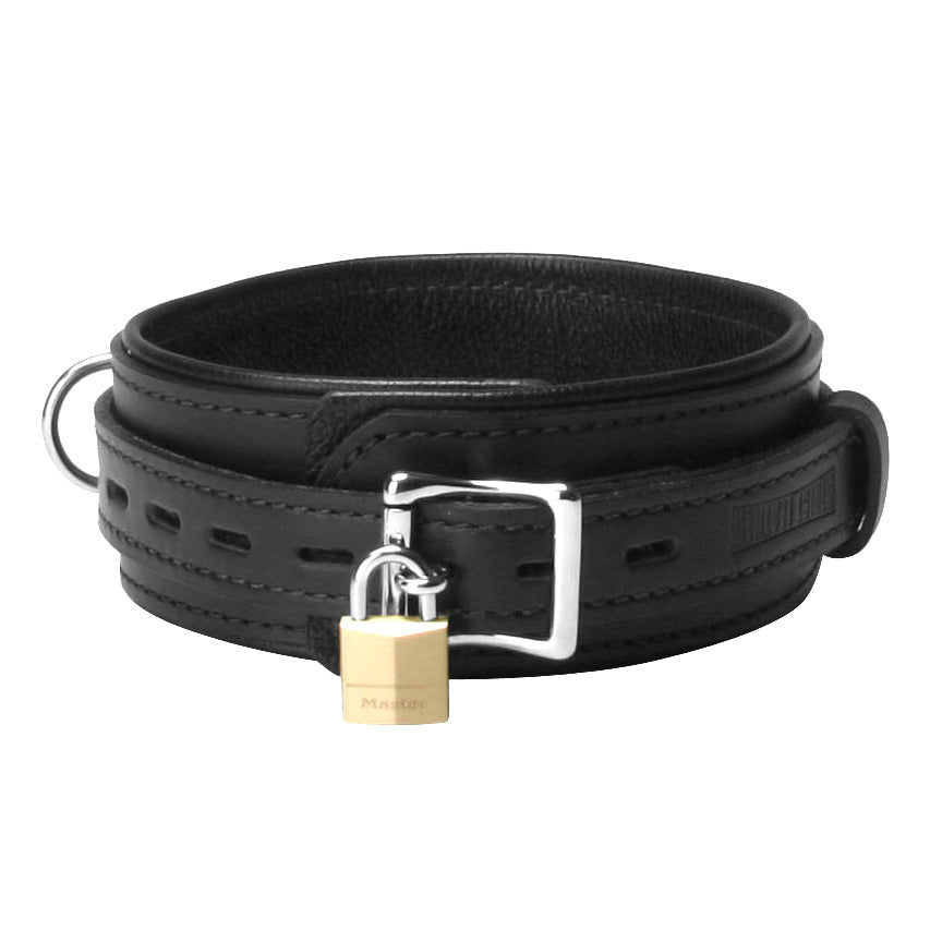 Strict Leather Premium Locking Collar made of high-quality black leather with a locking buckle design.