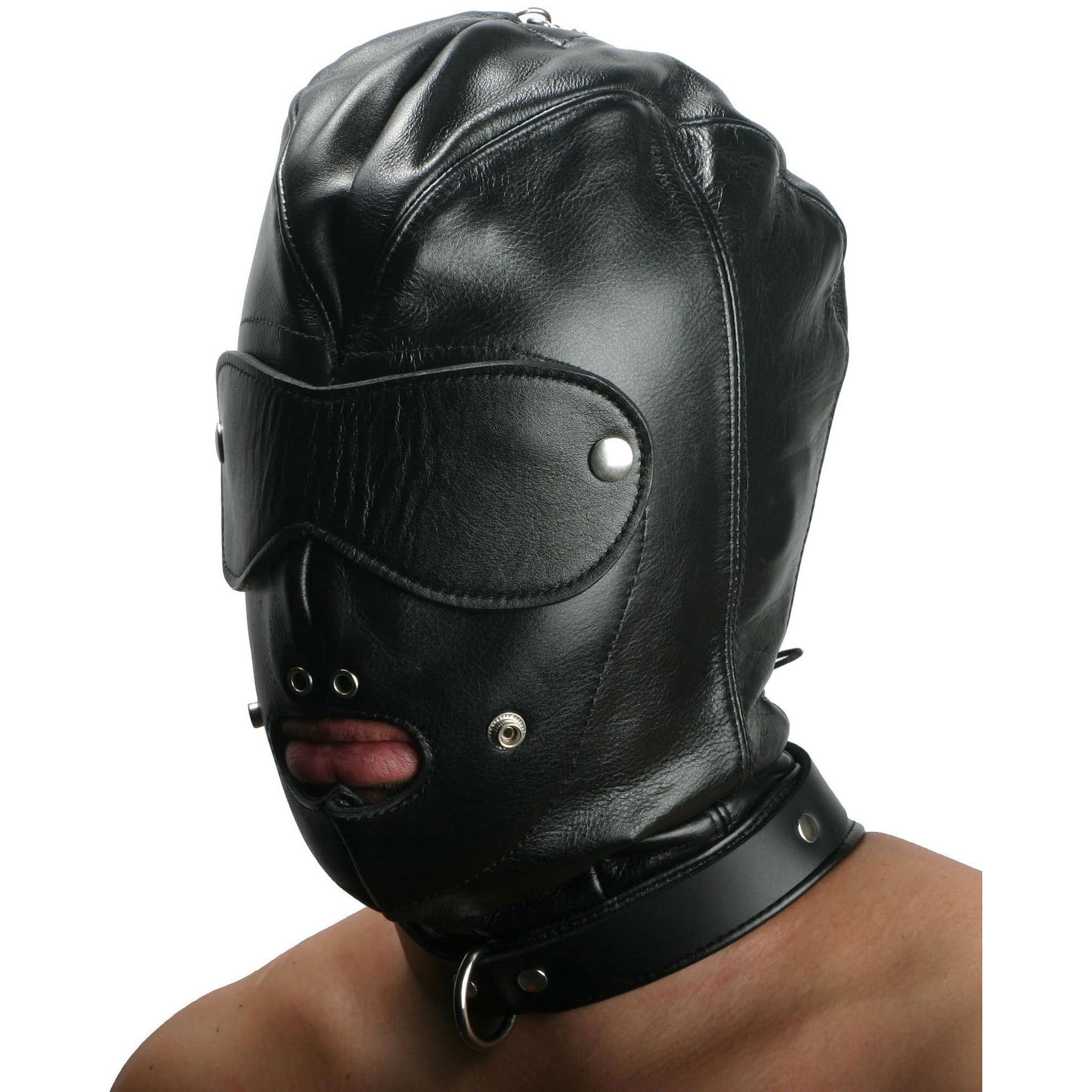 Strict Leather Premium Locking Slave Hood made of high-quality black leather with removable blindfold and mouth gag.