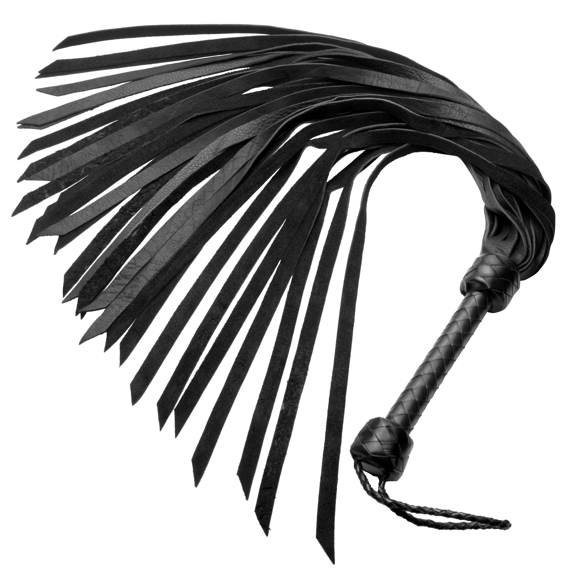 Strict Leather Premium Soft Leather Flogger with braided handle and tapered falls, showcasing its luxurious black leather design.