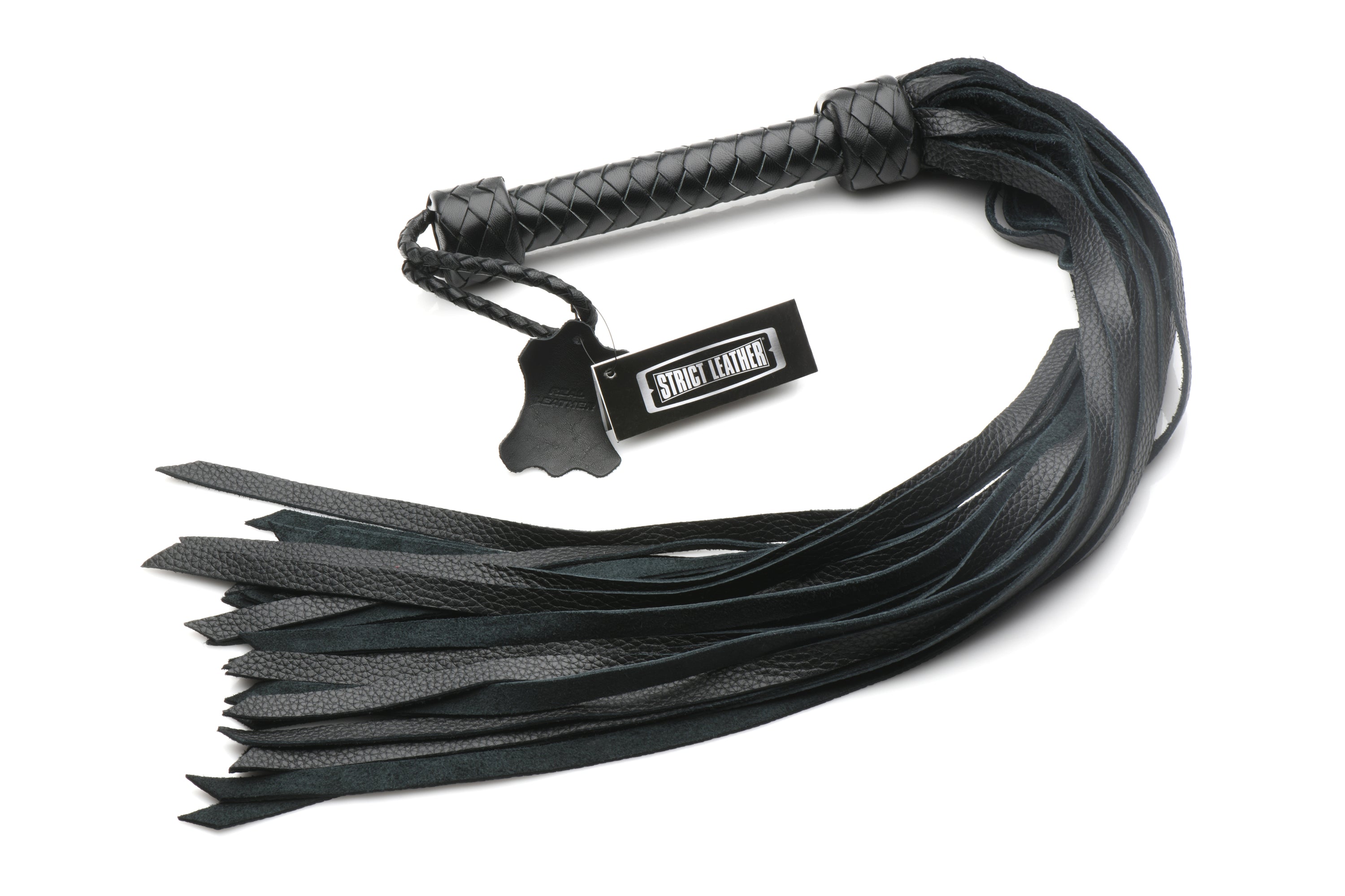 Strict Leather Premium Soft Leather Flogger with braided handle and tapered falls, showcasing its luxurious black leather design.