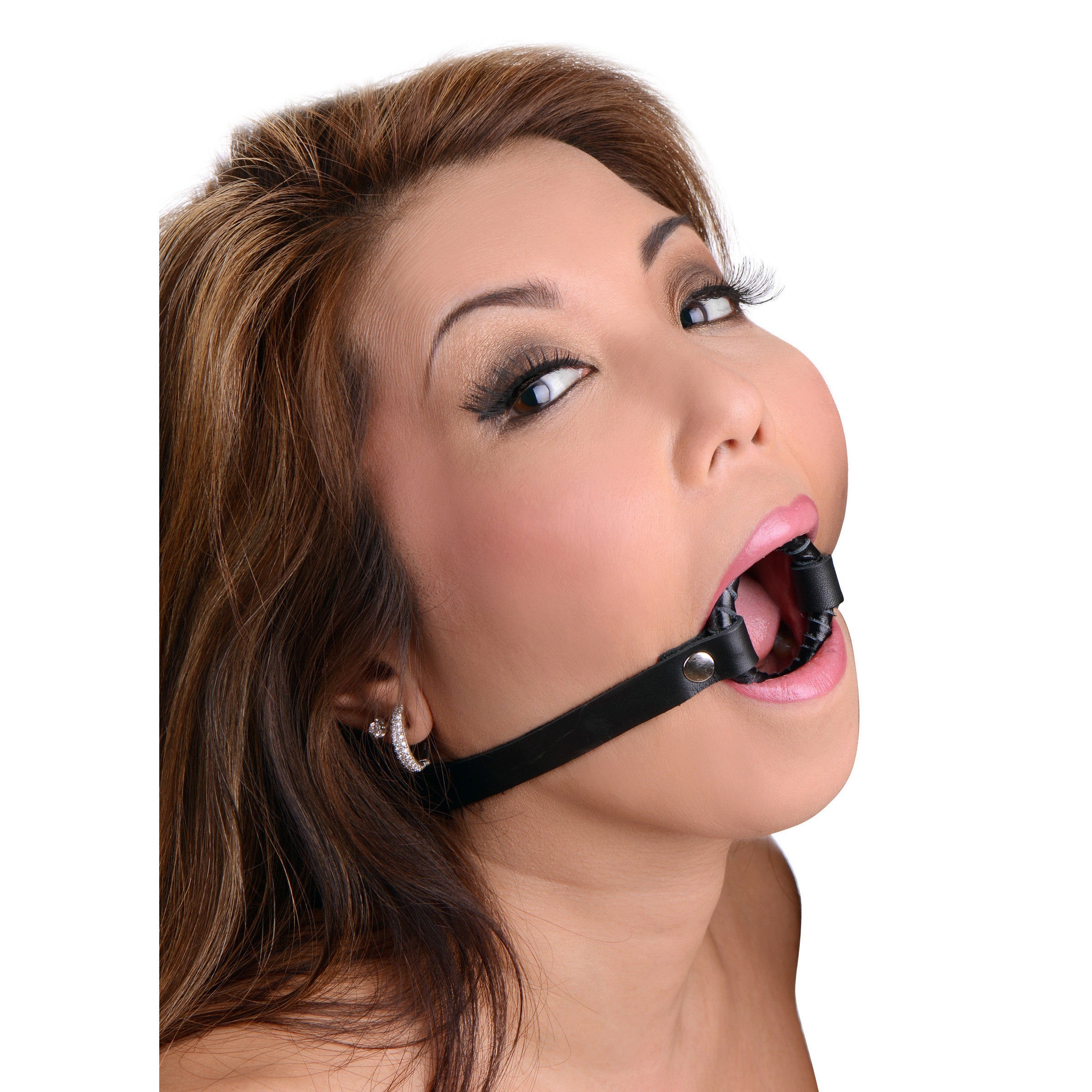 Strict Leather Ring Gag featuring a nickel-plated steel ring wrapped in black leather with adjustable straps.