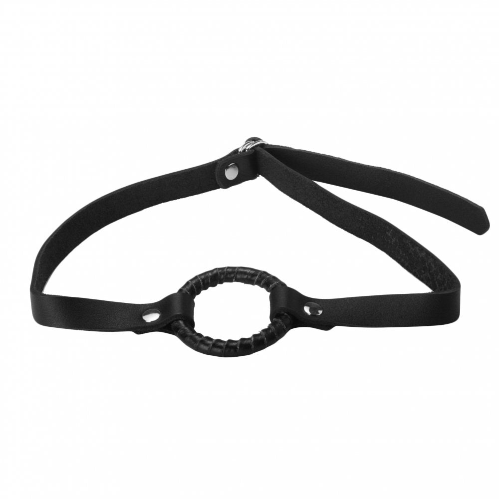 Strict Leather Ring Gag featuring a nickel-plated steel ring wrapped in black leather with adjustable straps.