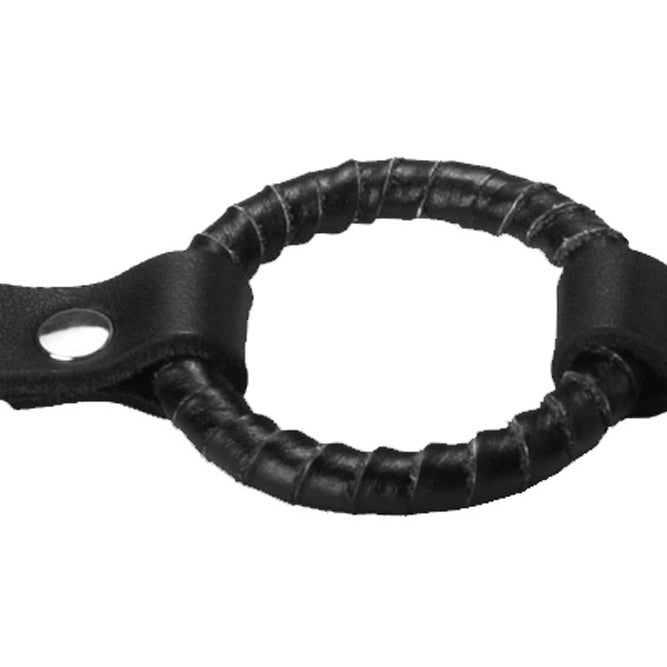 Strict Leather Ring Gag featuring a nickel-plated steel ring wrapped in black leather with adjustable straps.