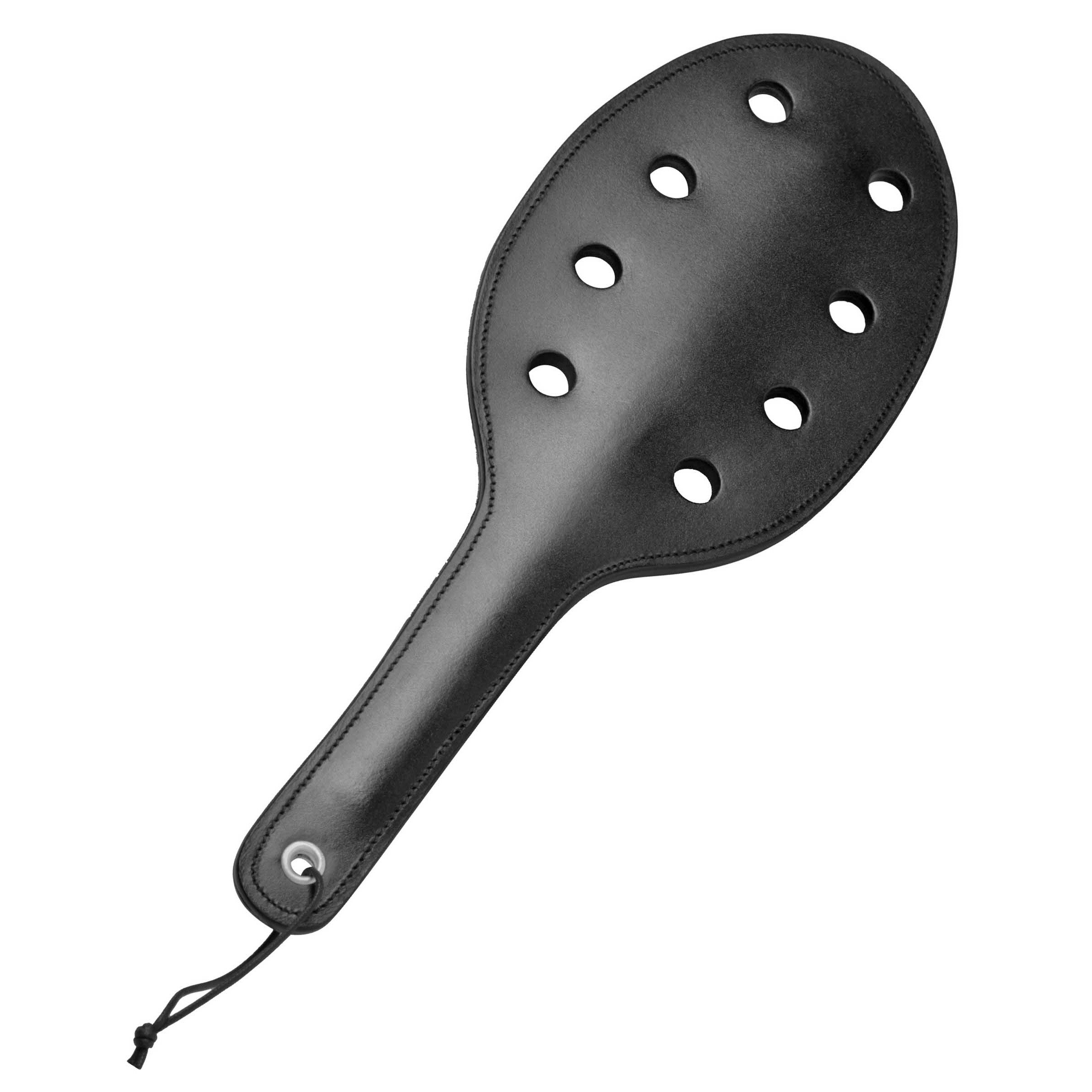 Strict Leather Rounded Paddle with Holes, featuring thick latigo leather, steel spring, and leather loop for hanging.