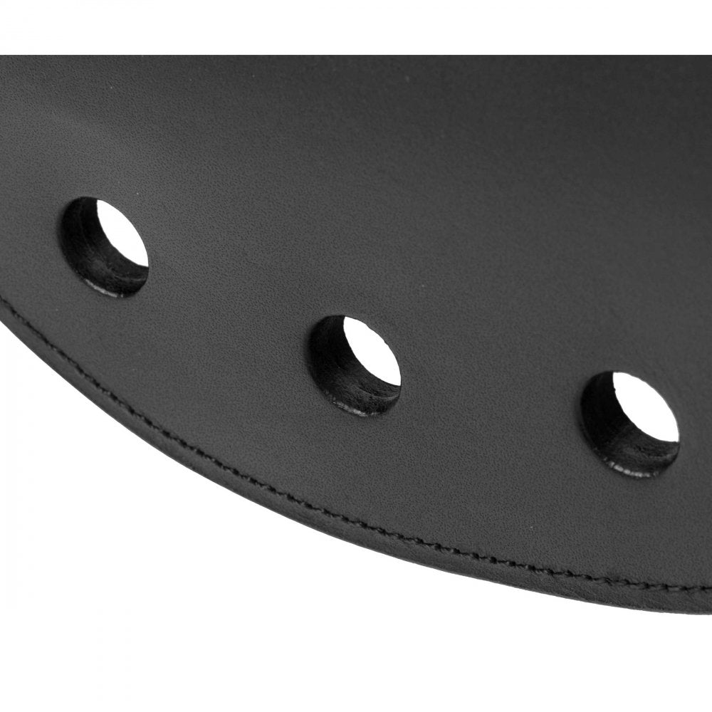 Strict Leather Rounded Paddle with Holes, featuring thick latigo leather, steel spring, and leather loop for hanging.