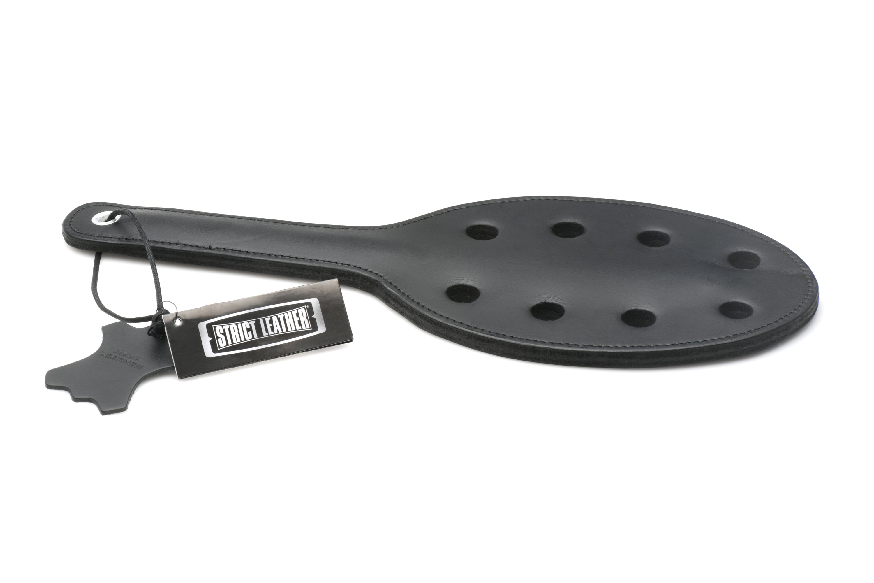 Strict Leather Rounded Paddle with Holes, featuring thick latigo leather, steel spring, and leather loop for hanging.