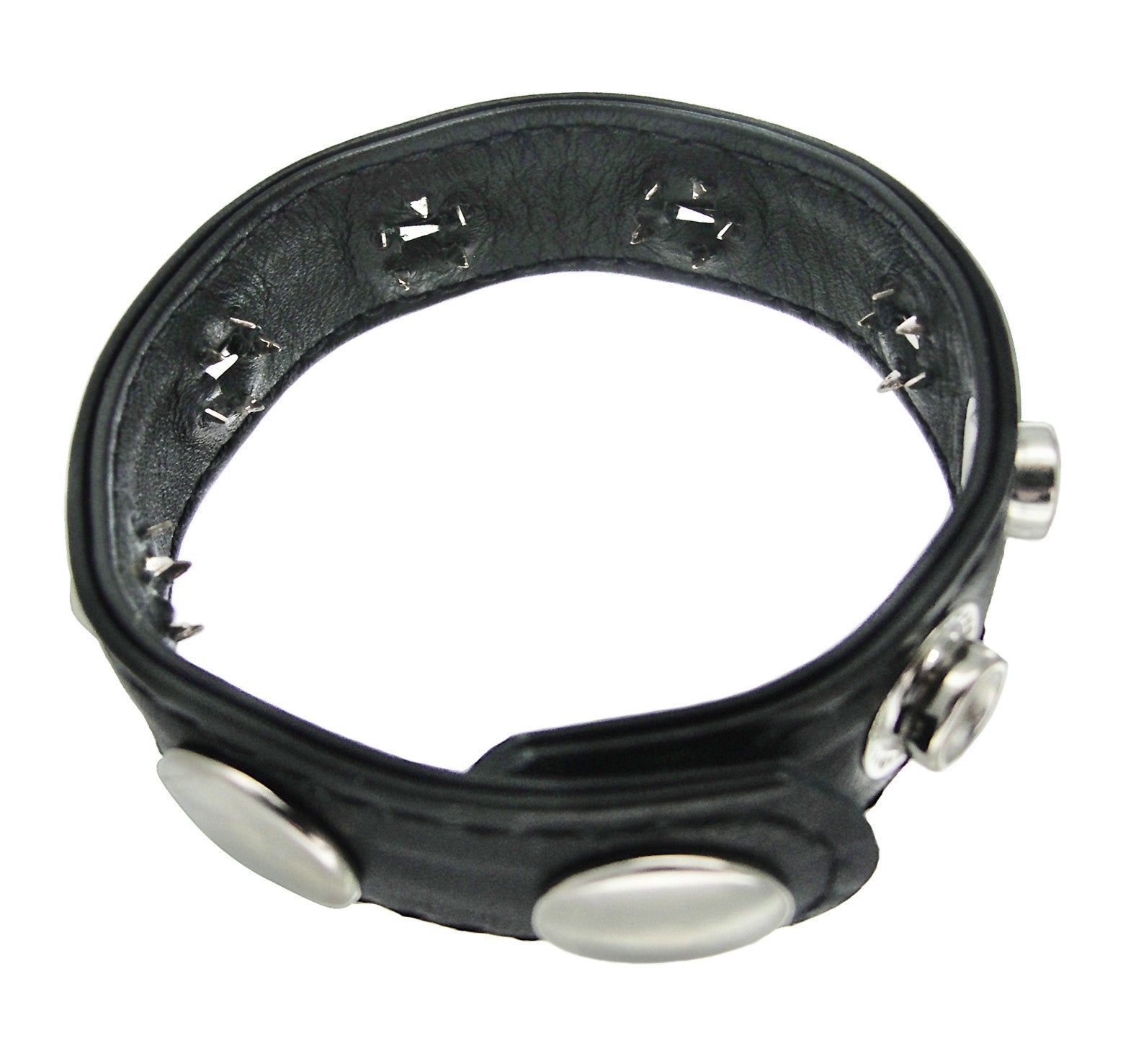 Strict Leather Spiked Speed Snap Cock Ring featuring prickly prongs and adjustable snap fasteners, made from high-quality black leather.