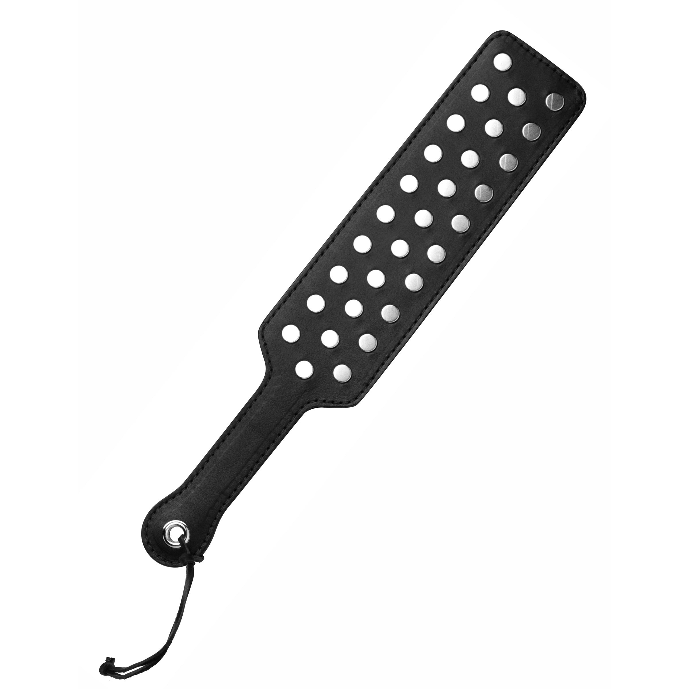 Strict Leather Studded Paddle, 16.5 inches long, featuring 30 steel studs on the impact side, crafted from high-quality black leather.