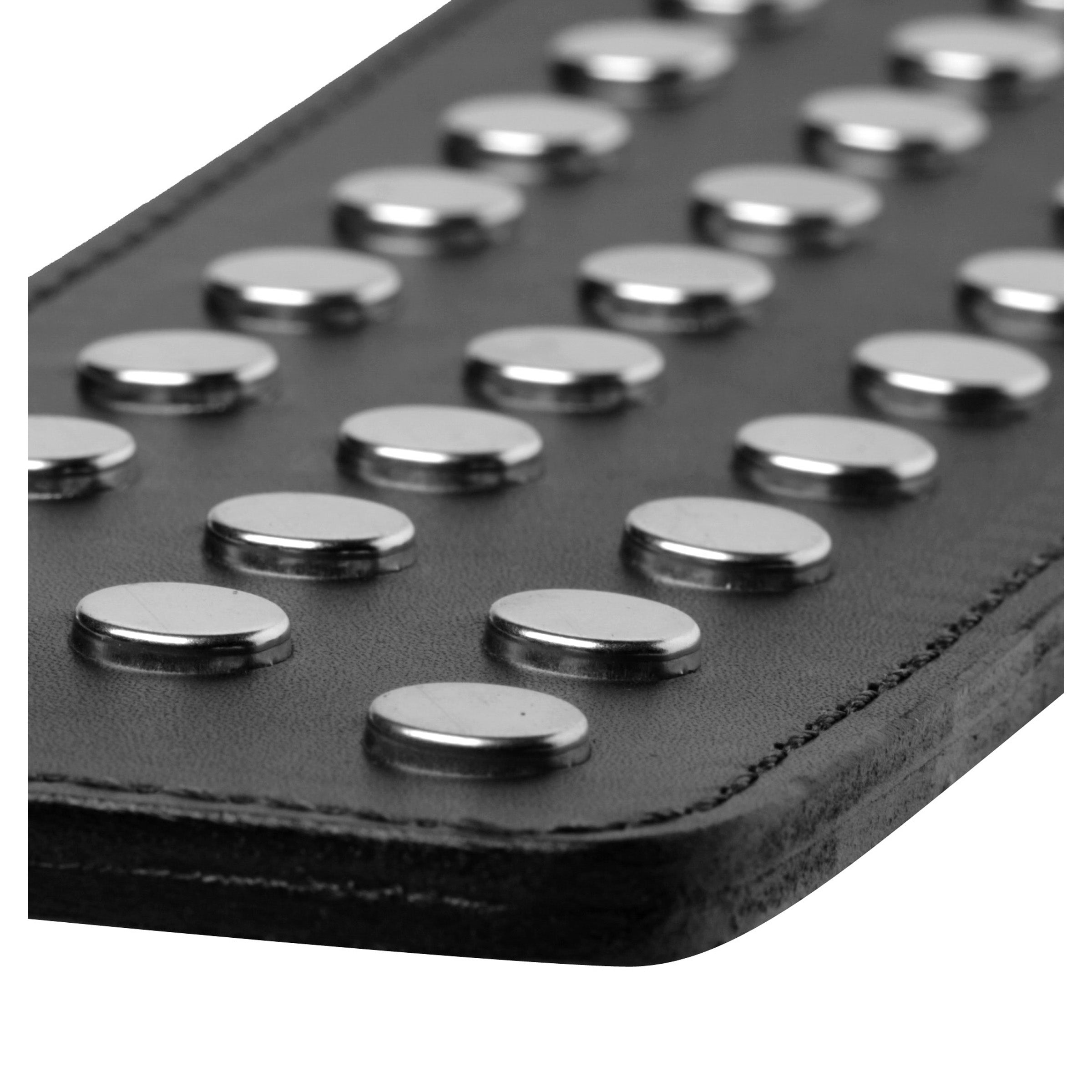 Strict Leather Studded Paddle, 16.5 inches long, featuring 30 steel studs on the impact side, crafted from high-quality black leather.