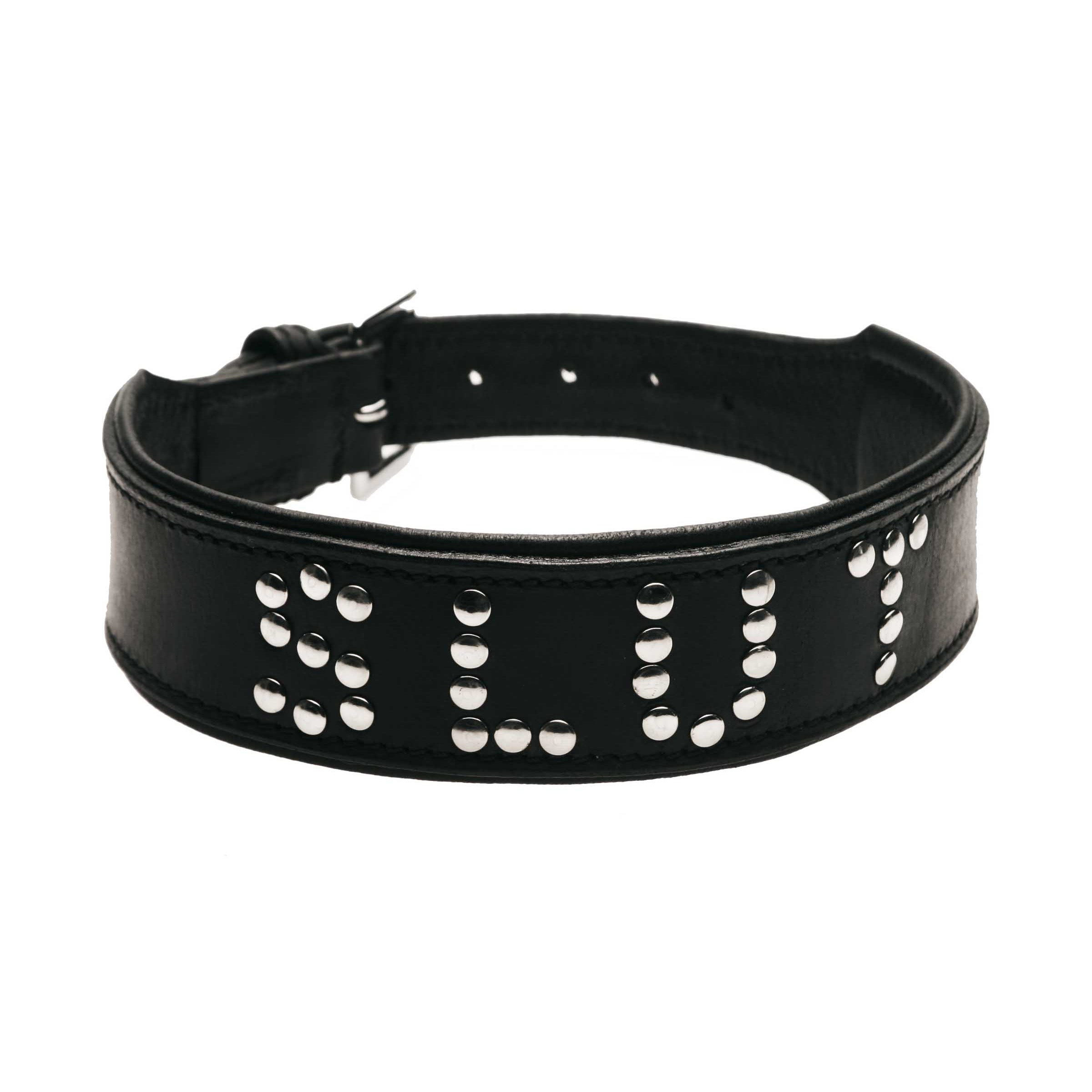 A luxurious black leather collar with silver studs spelling 'SLUT', featuring a padded design and adjustable buckle closure.