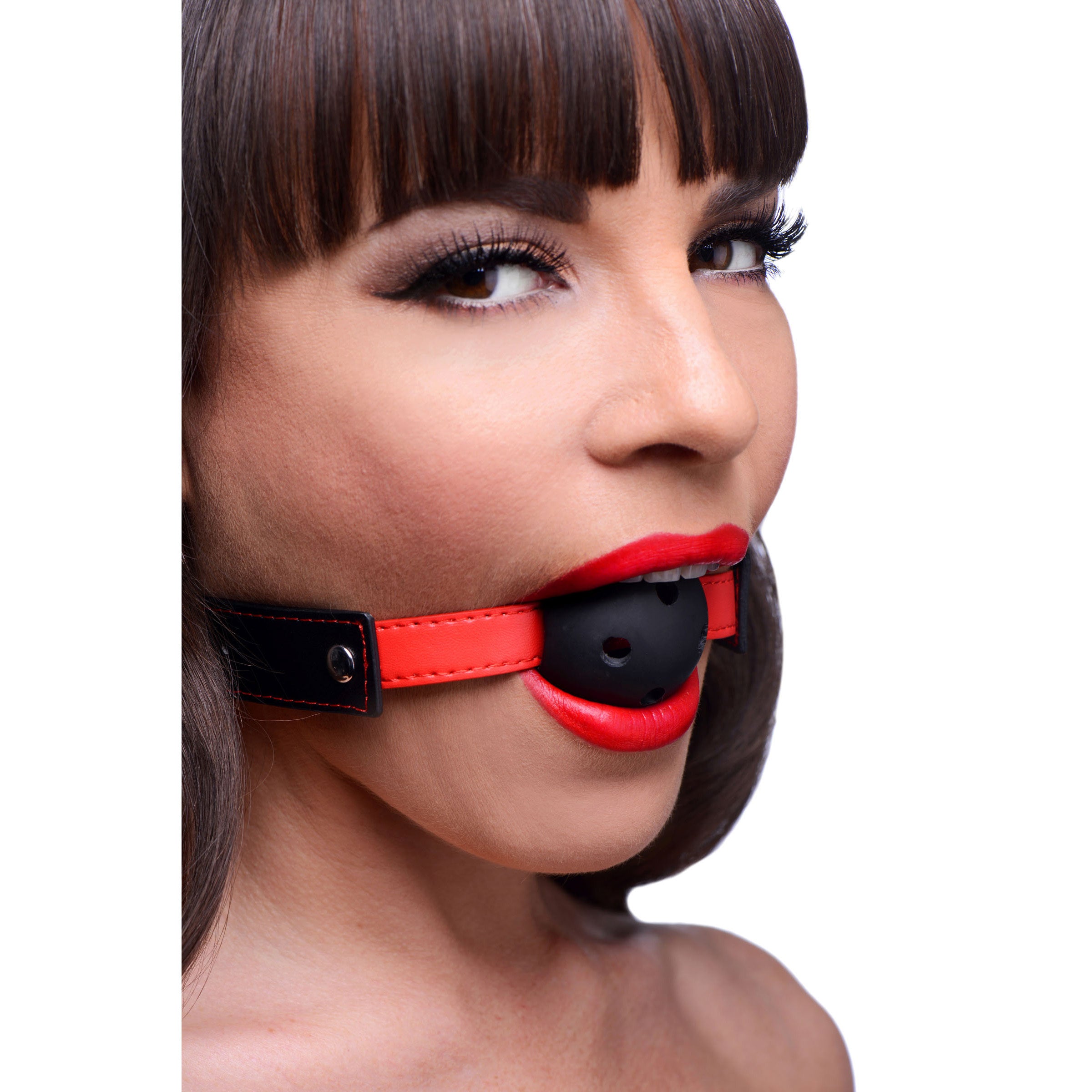 Subdue Me Breathable Ball Gag featuring a perforated design, adjustable vegan-friendly straps, and a firm black ball gag.