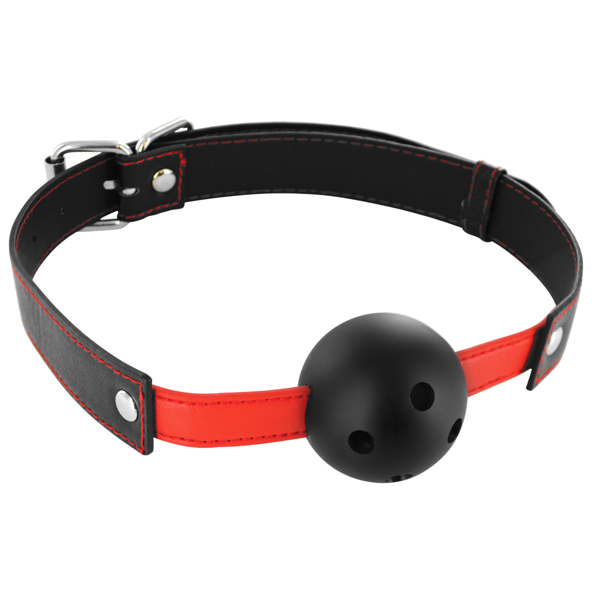 Subdue Me Breathable Ball Gag featuring a perforated design, adjustable vegan-friendly straps, and a firm black ball gag.