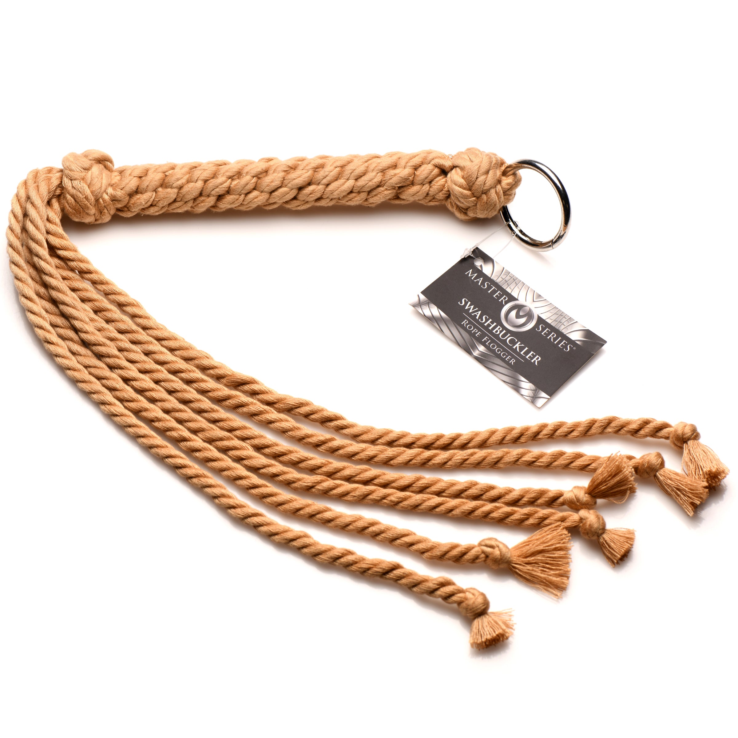 Swashbuckler Rope Flogger with six twisted nylon tassels and a firm metal alloy handle, perfect for impact play.