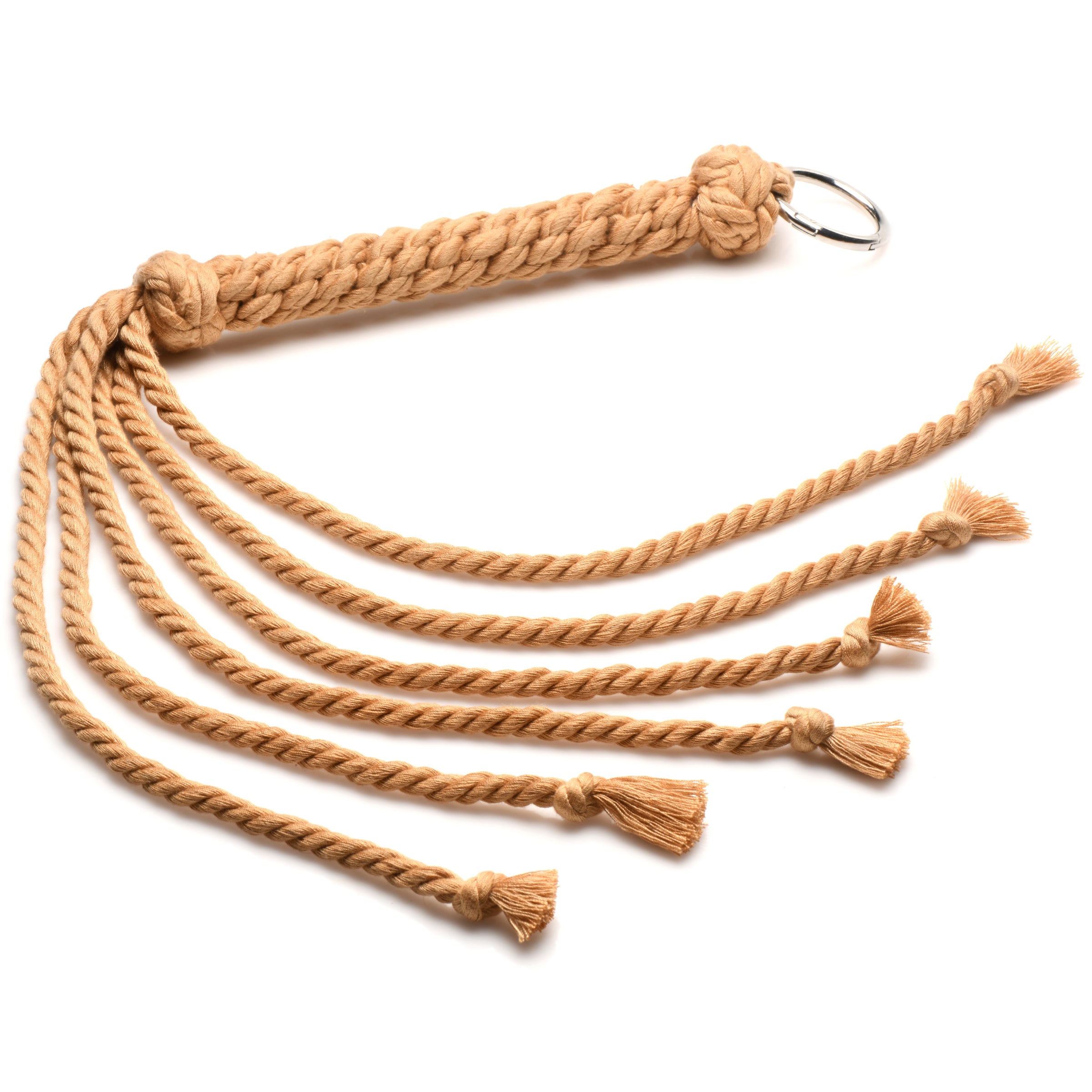 Swashbuckler Rope Flogger with six twisted nylon tassels and a firm metal alloy handle, perfect for impact play.