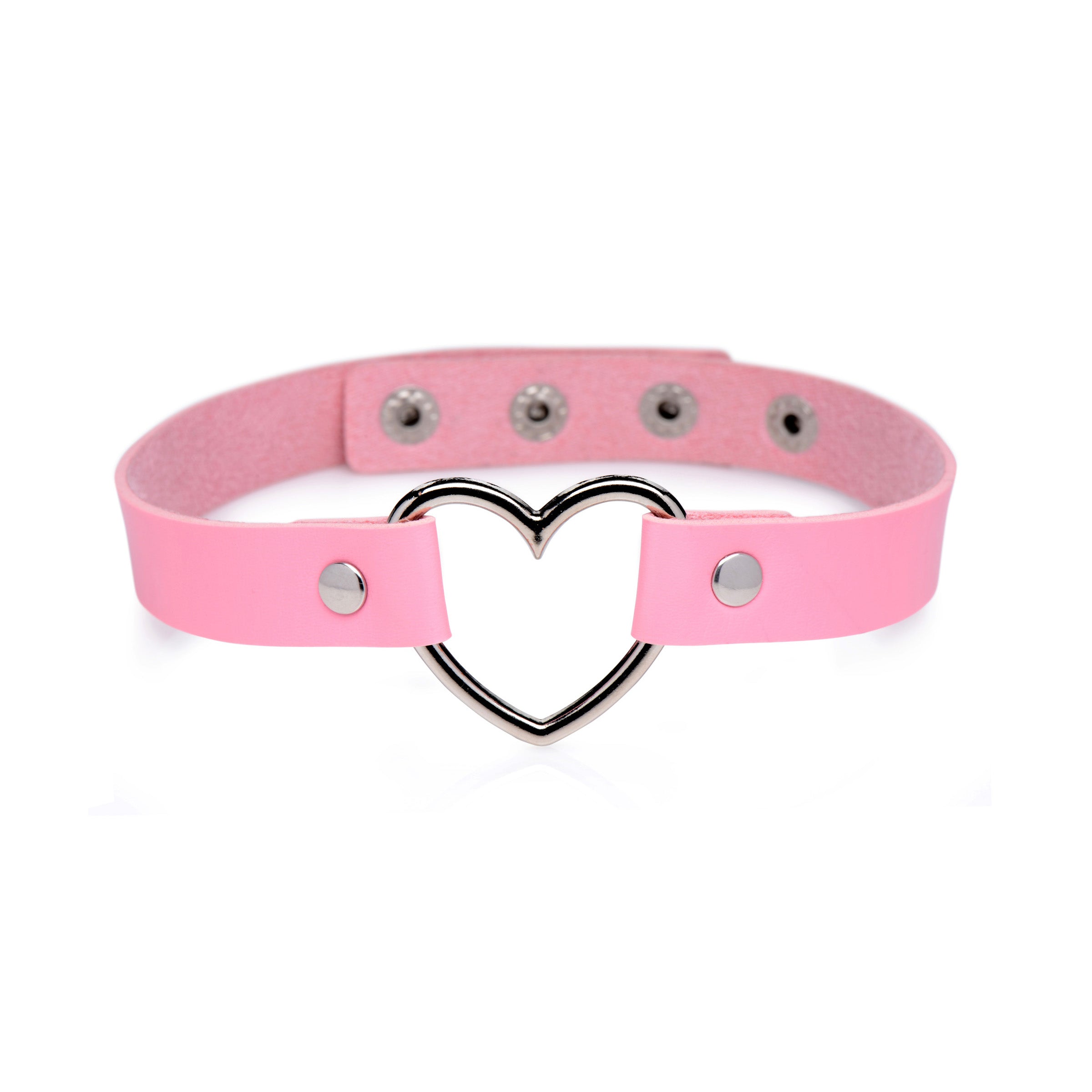 Sweet Heart Chrome Heart Pink Choker featuring a metal heart centerpiece and a thin vegan leather strap.