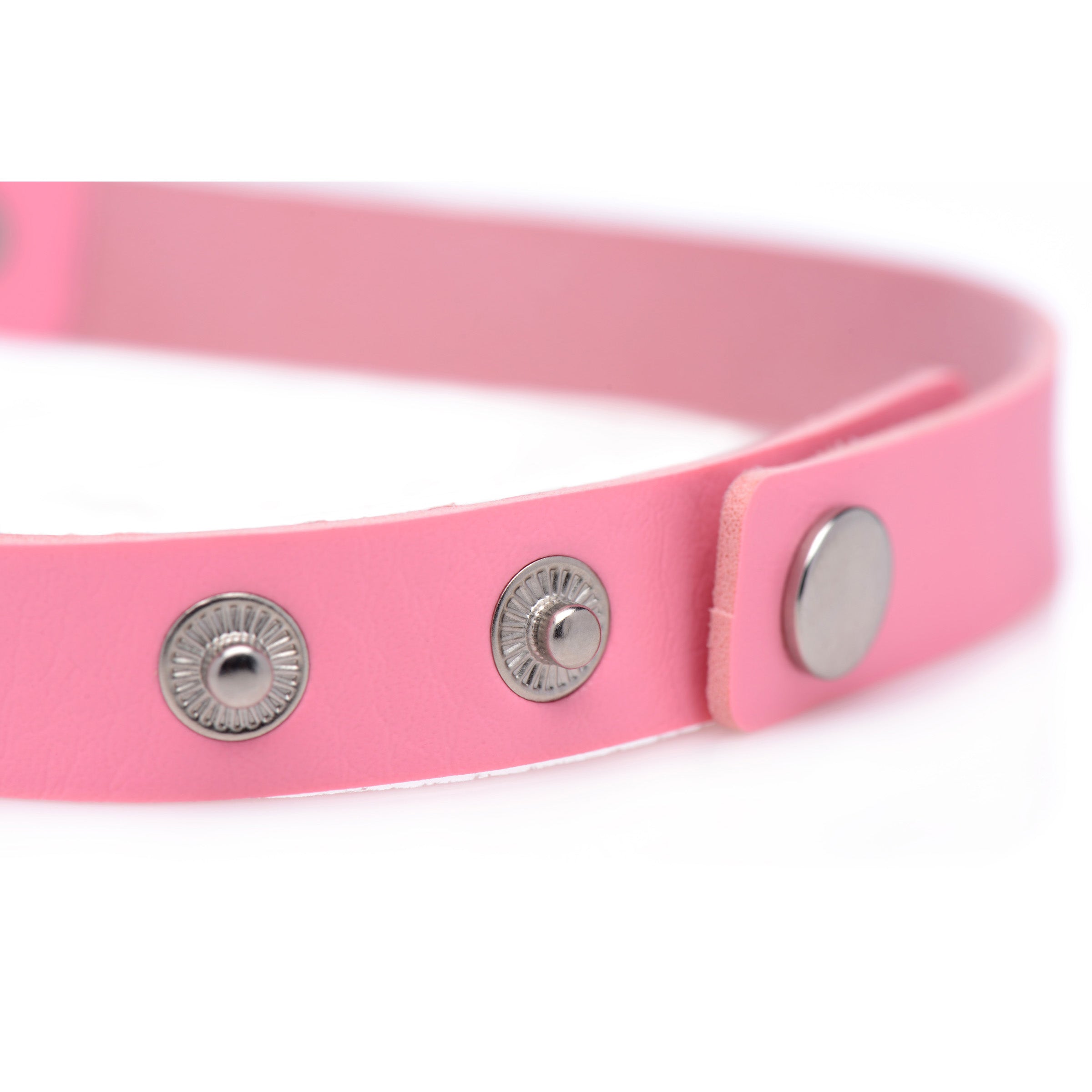 Sweet Heart Chrome Heart Pink Choker featuring a metal heart centerpiece and a thin vegan leather strap.