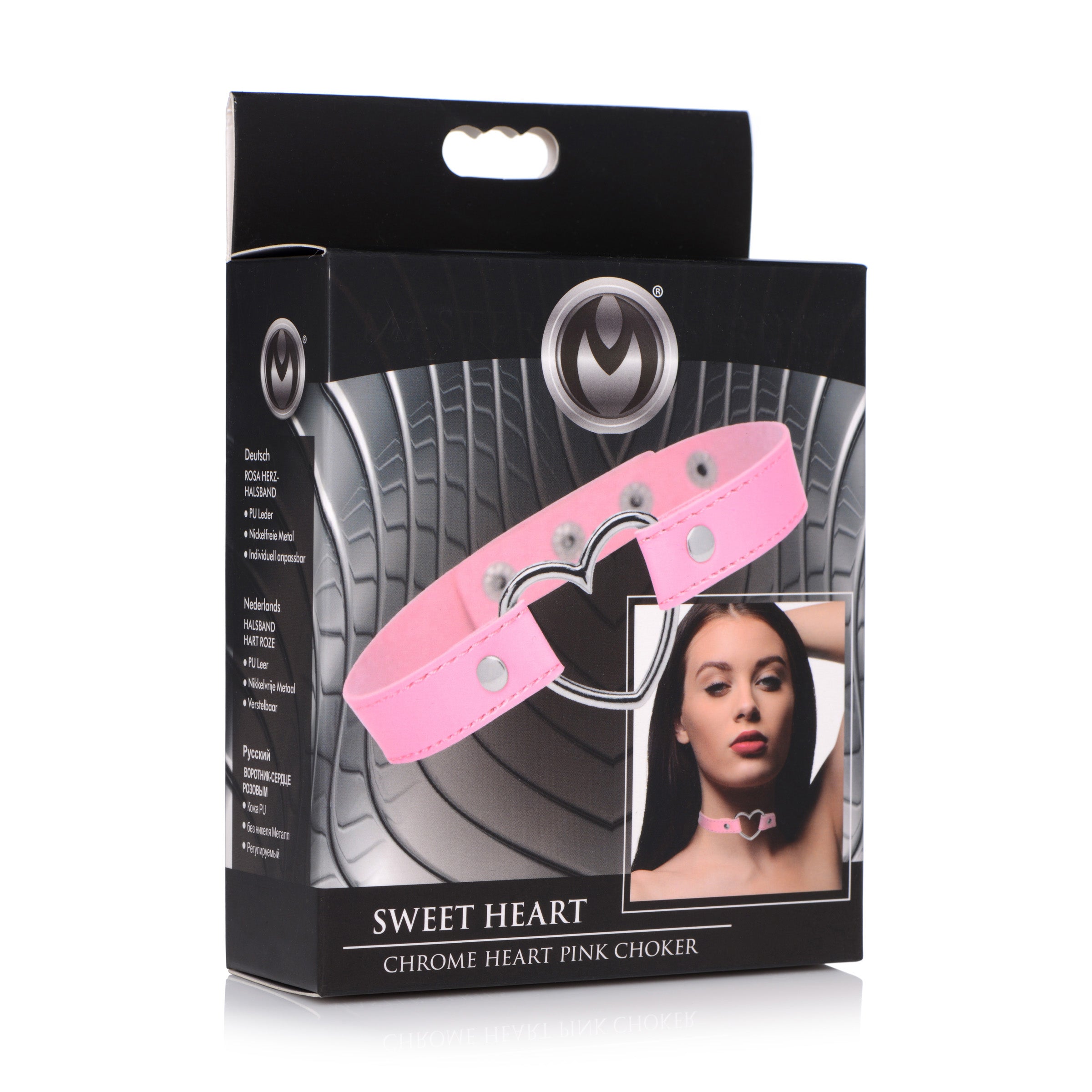 Sweet Heart Chrome Heart Pink Choker featuring a metal heart centerpiece and a thin vegan leather strap.