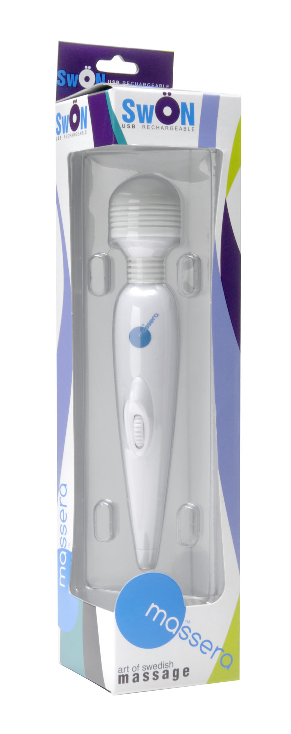 Swon USB Rechargeable Wand Massager in white, showcasing its compact design and speed dial.