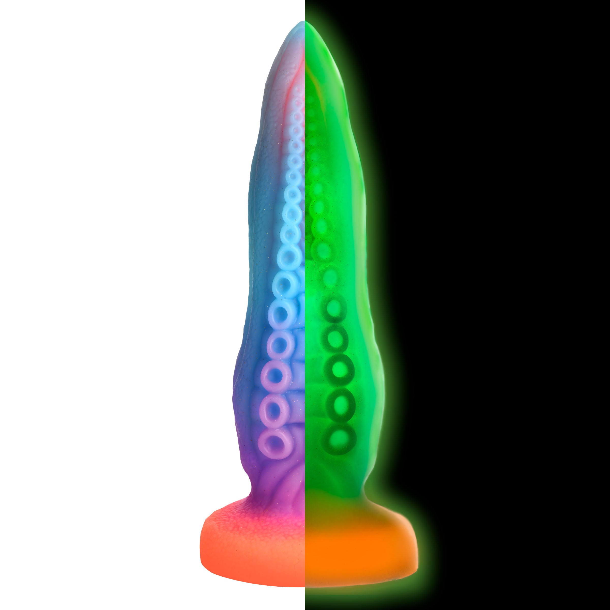 Tenta-Cock Glow-in-the-Dark Silicone Dildo featuring a tentacle design with suckers and ridges, glowing in vibrant colors.