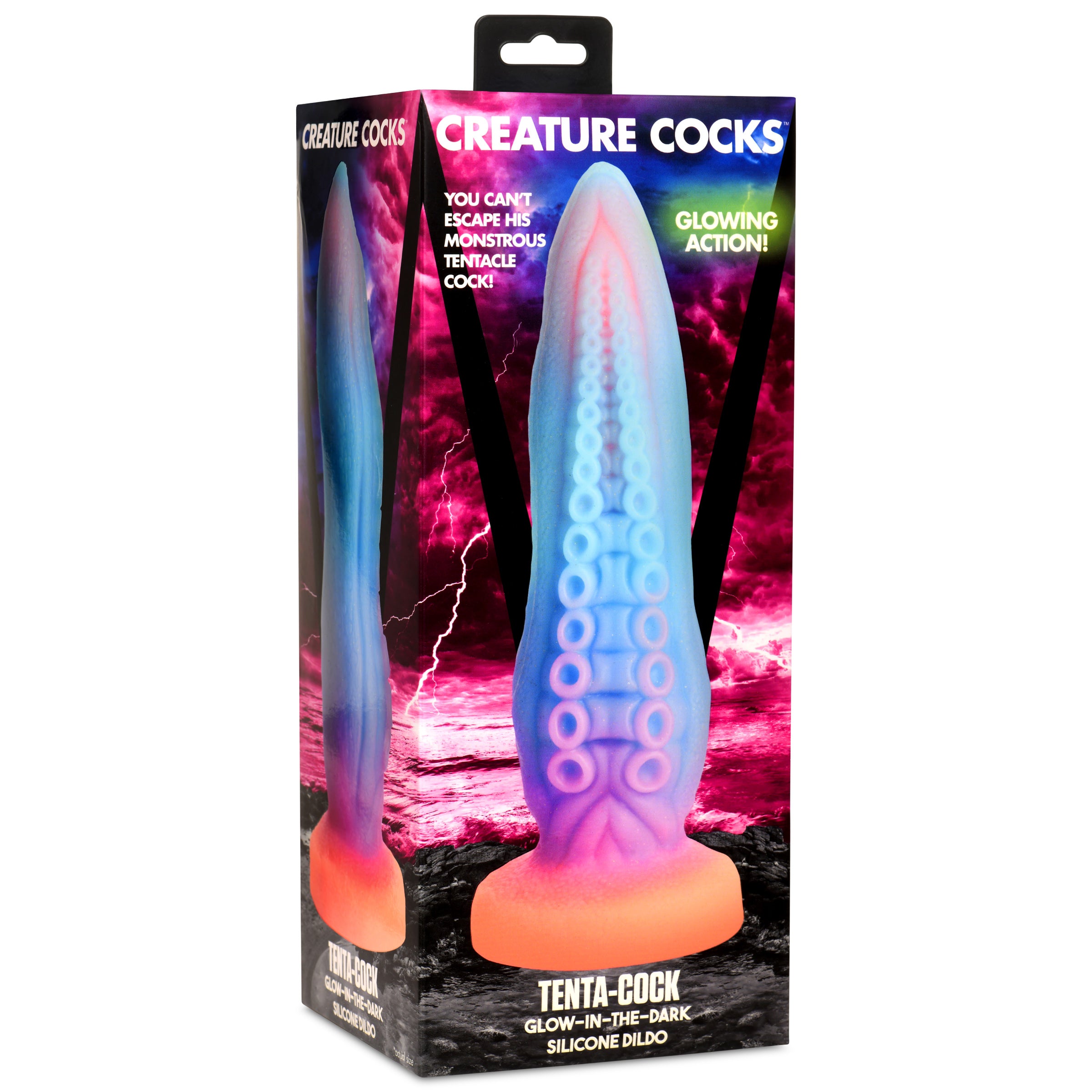 Tenta-Cock Glow-in-the-Dark Silicone Dildo featuring a tentacle design with suckers and ridges, glowing in vibrant colors.