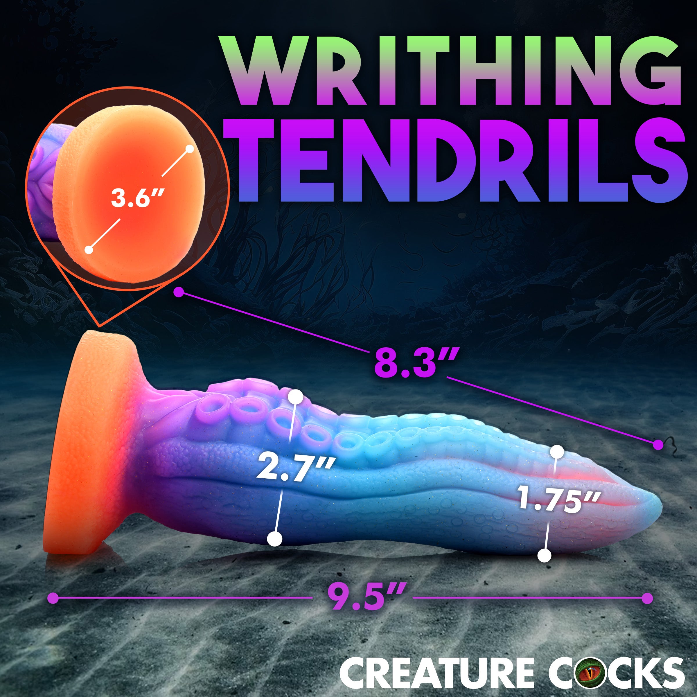 Tenta-Cock Glow-in-the-Dark Silicone Dildo featuring a tentacle design with suckers and ridges, glowing in vibrant colors.